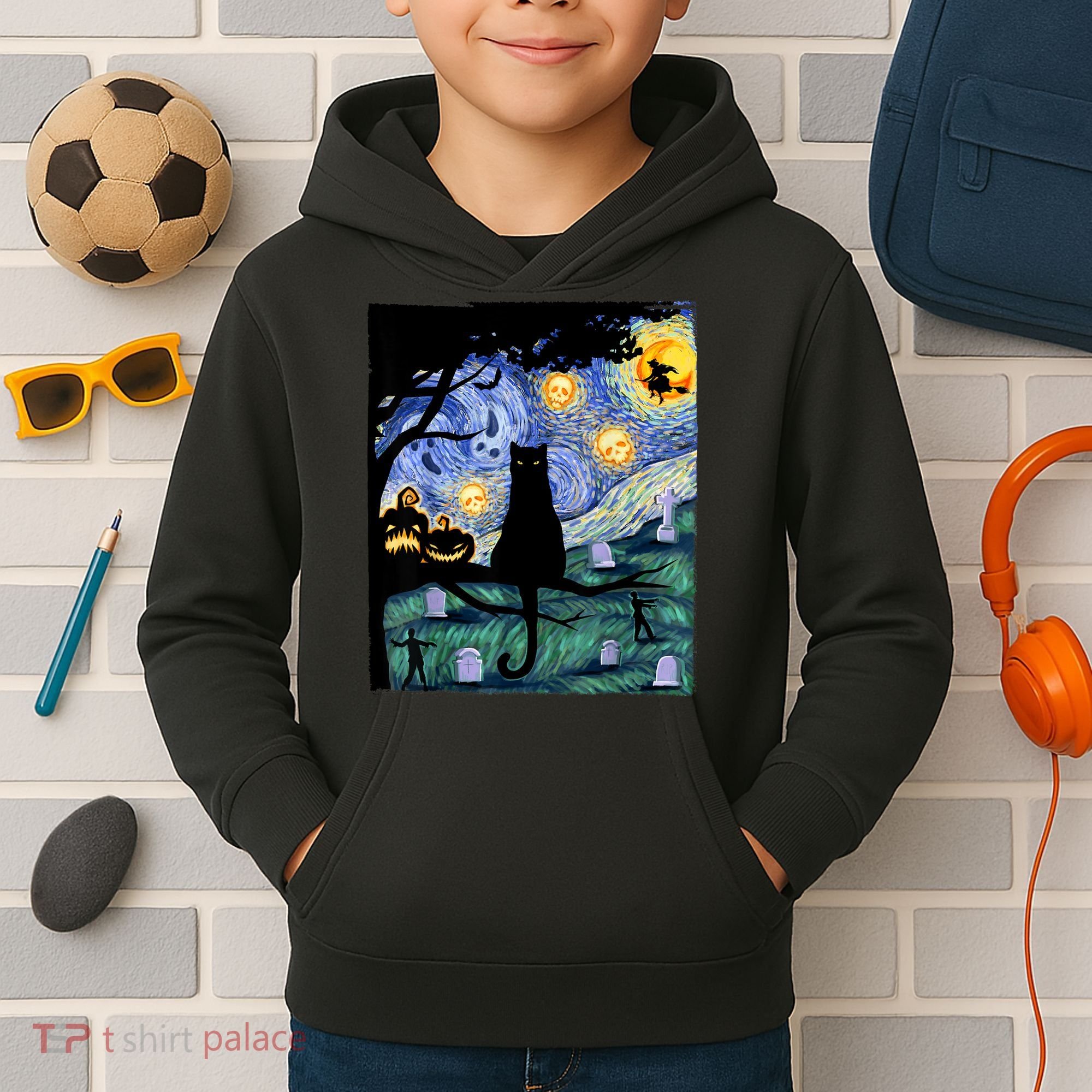 Cat , Scary Night Cat Tee, Van Gogh Gift, Halloween Kids Hoodie