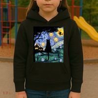 Cat , Scary Night Cat Tee, Van Gogh Gift, Halloween Kids Hoodie thumb 3