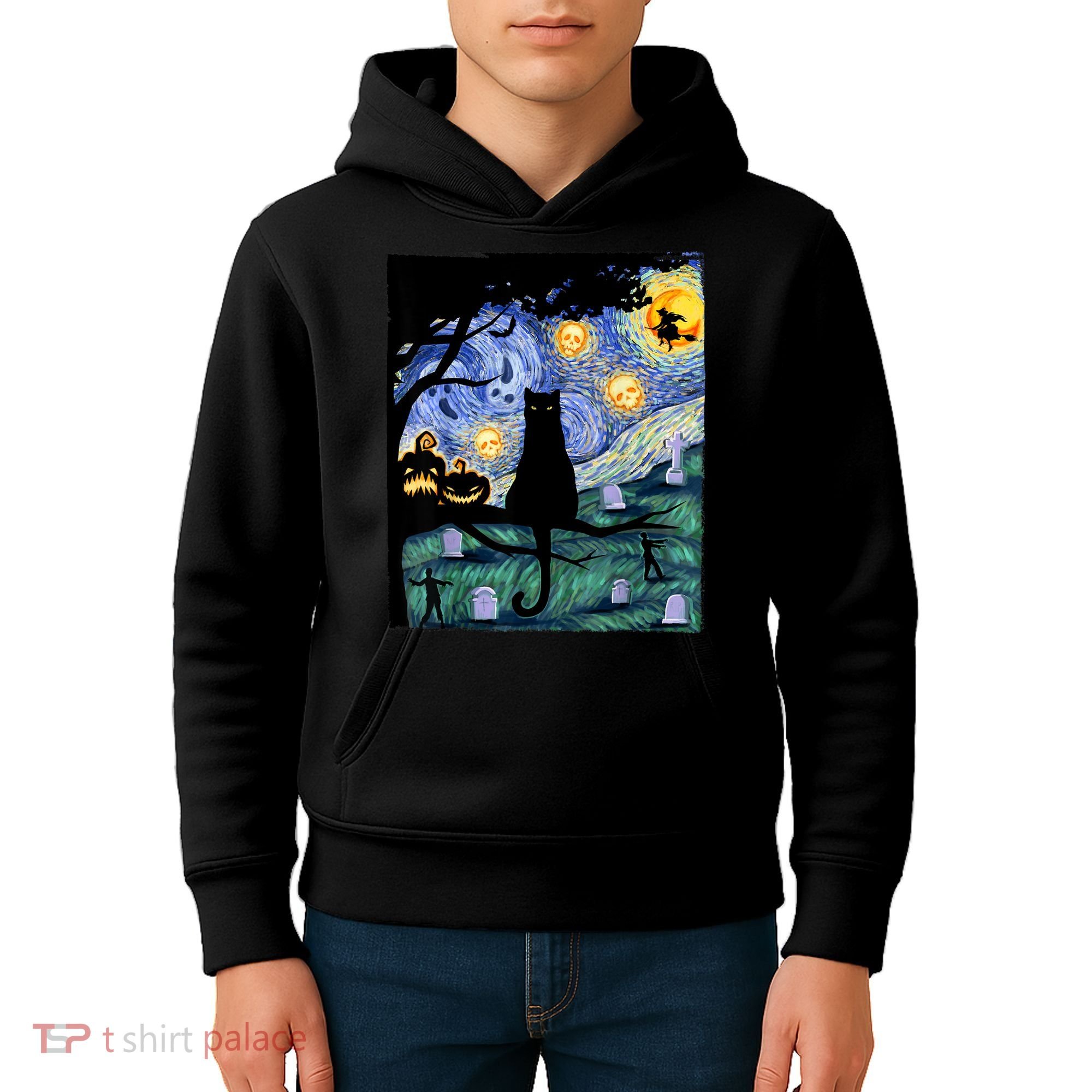 Cat , Scary Night Cat Tee, Van Gogh Gift, Halloween Kids Hoodie