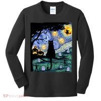 Cat , Scary Night Cat Tee, Van Gogh Gift, Halloween Kids Long Sleeve Shirt thumb 0