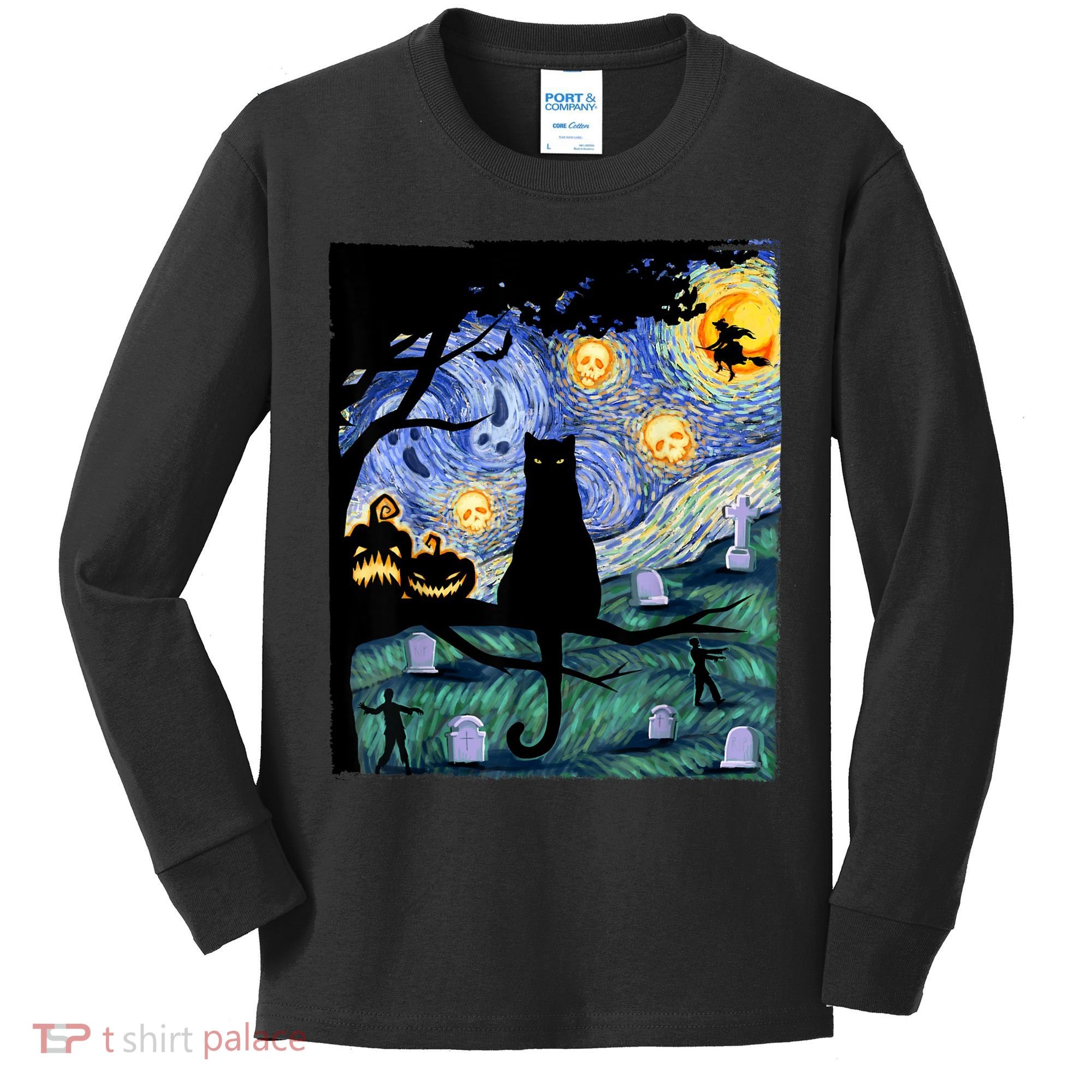 Cat , Scary Night Cat Tee, Van Gogh Gift, Halloween Kids Long Sleeve Shirt