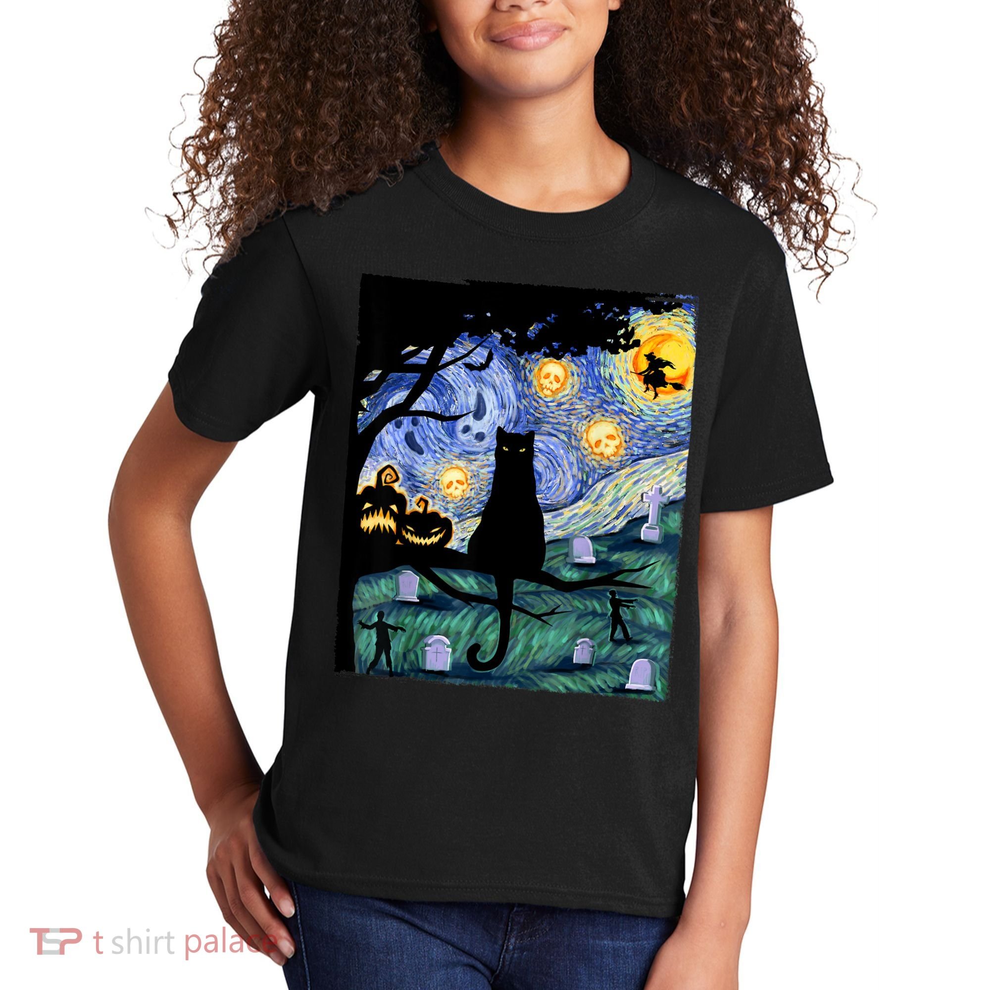 Cat , Scary Night Cat Tee, Van Gogh Gift, Halloween Kids T-Shirt