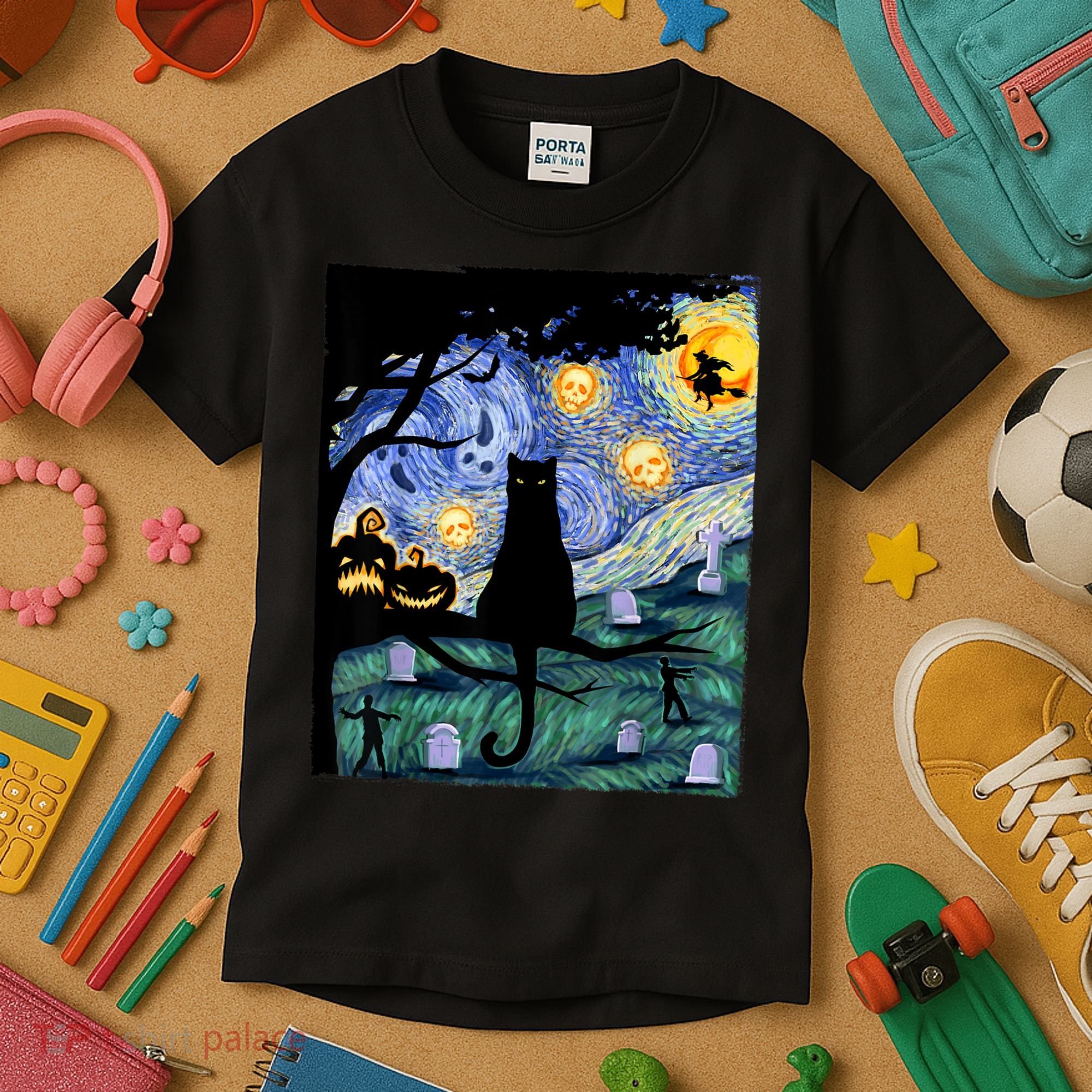 Cat , Scary Night Cat Tee, Van Gogh Gift, Halloween Kids T-Shirt