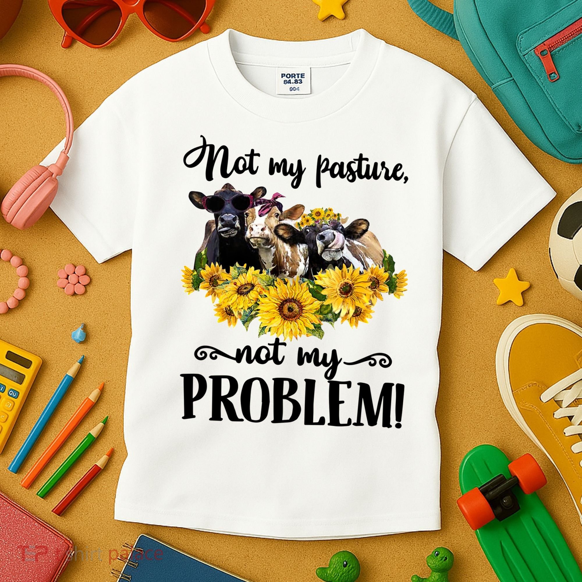 Cow Sunflowers Not My Pasture Not My Problem Kids T-Shirt