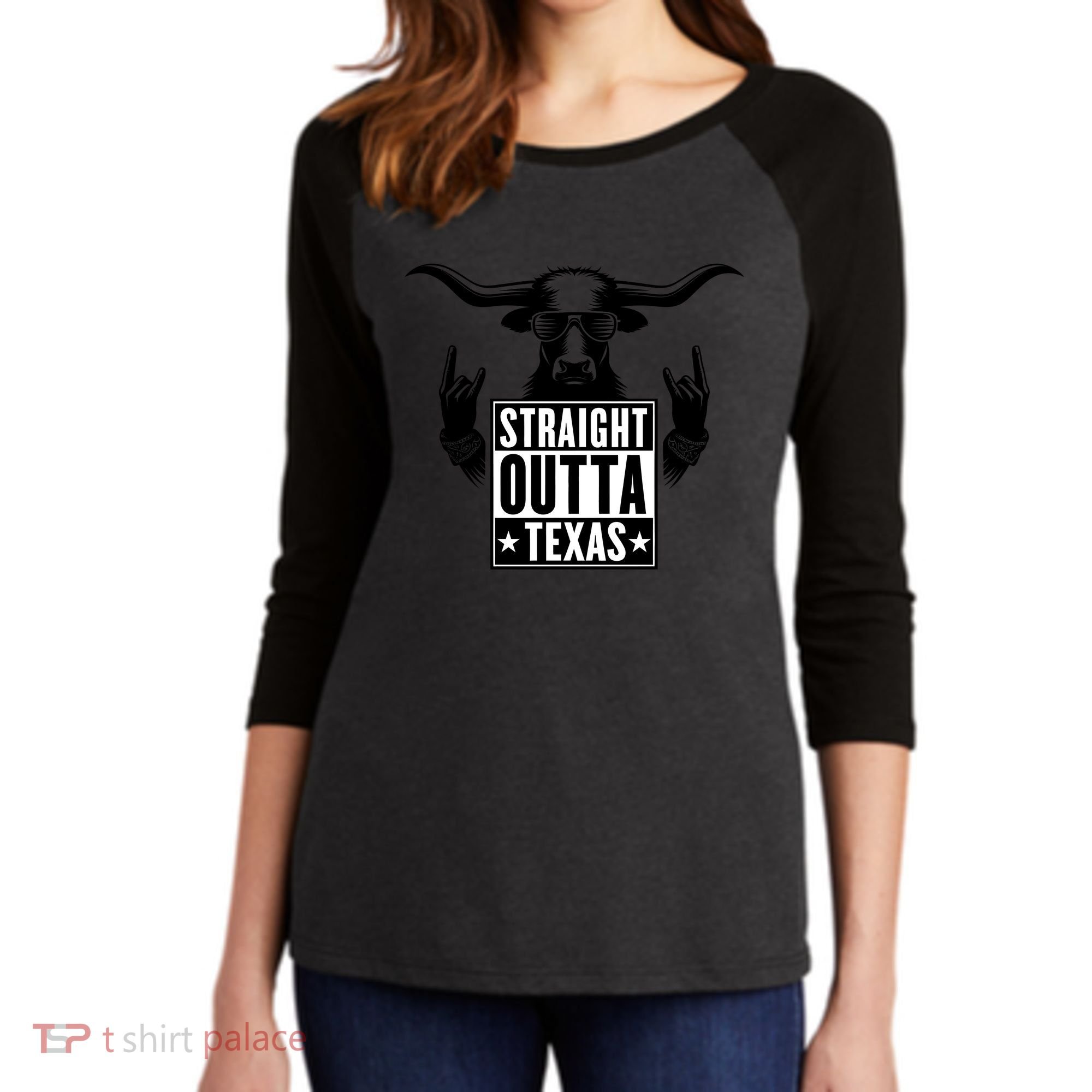 Cool Straight Outta Texas Long Horn Bull Women's Tri-Blend 3/4-Sleeve Raglan Shirt