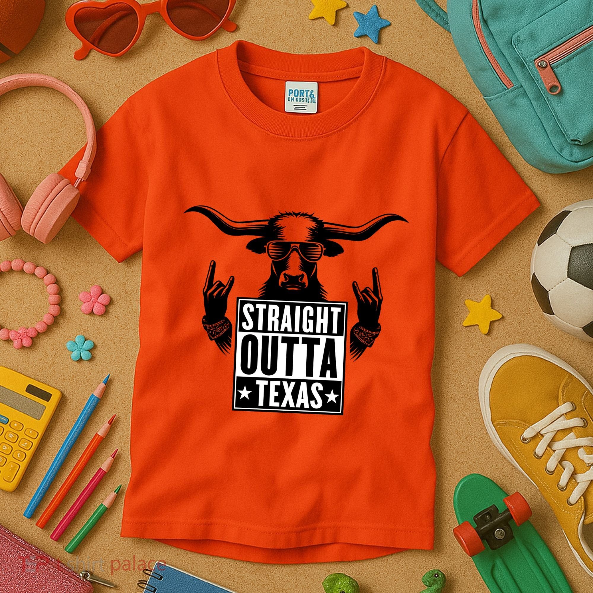 Cool Straight Outta Texas Long Horn Bull Kids T-Shirt