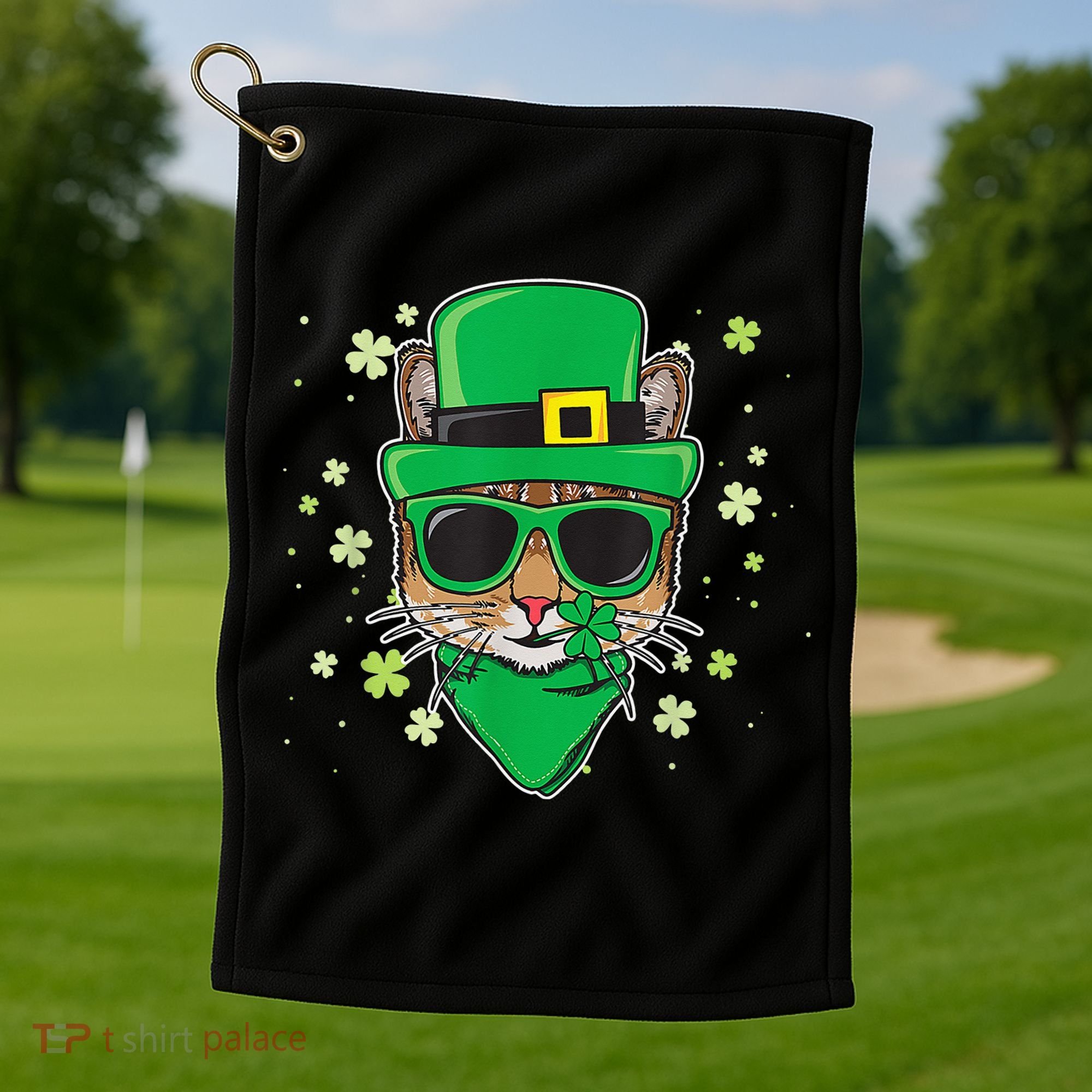 Cat St Patricks Day Leprechaun Shamrock Irish Catrick's Golf Towel