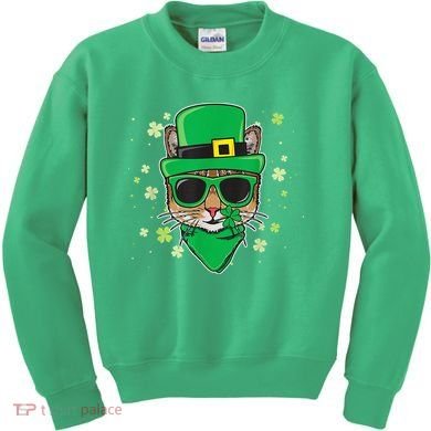 Cat St Patricks Day Leprechaun Shamrock Irish Catrick's Kids Sweatshirt