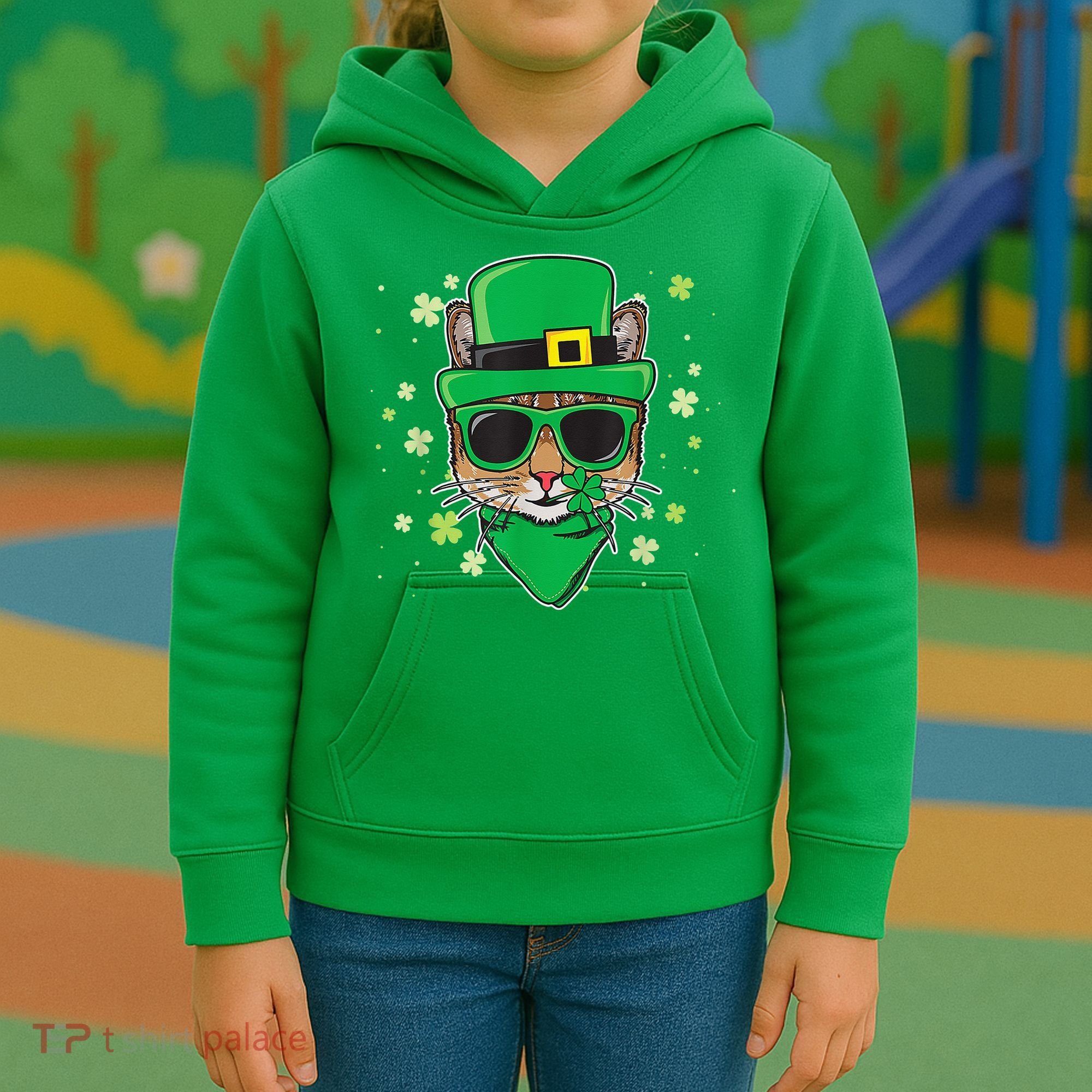 Cat St Patricks Day Leprechaun Shamrock Irish Catrick's Kids Hoodie