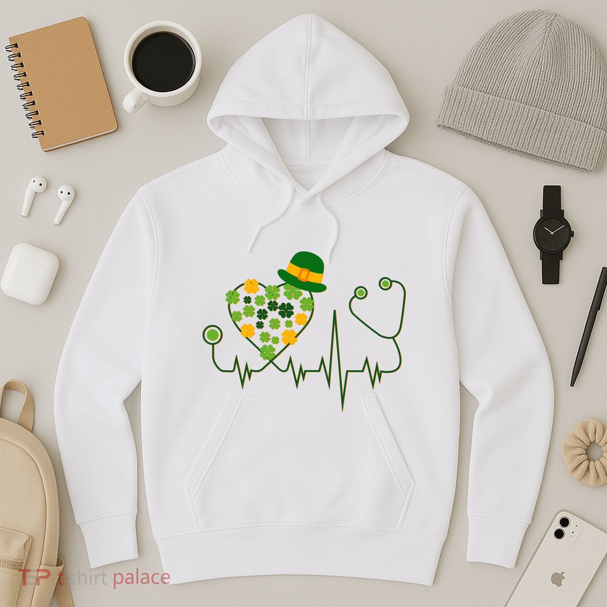 Cute St Patricks Day Lucky Shamrock Clover Stethoscope Hoodie