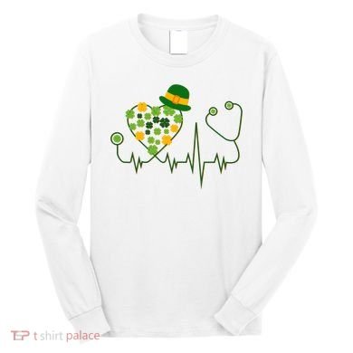 Cute St Patricks Day Lucky Shamrock Clover Stethoscope Long Sleeve Shirt