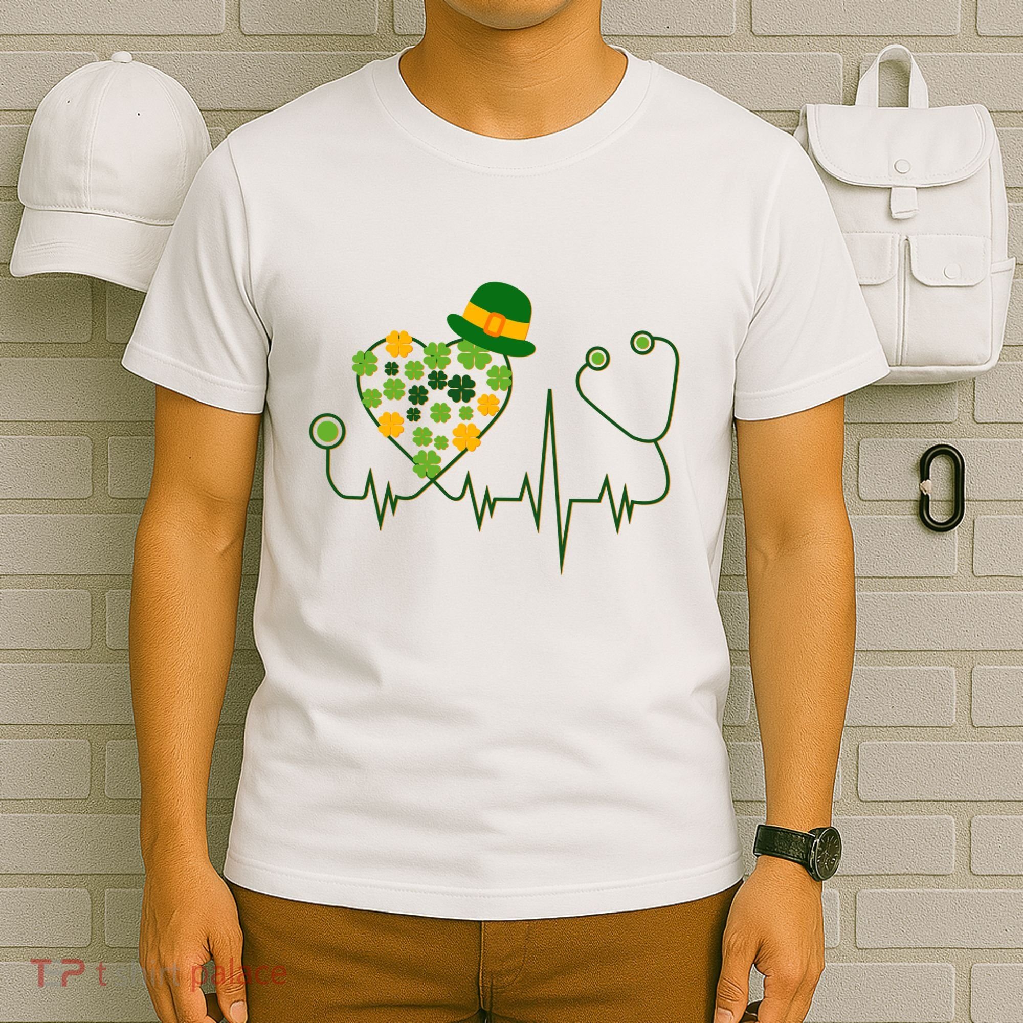 Cute St Patricks Day Lucky Shamrock Clover Stethoscope T-Shirt