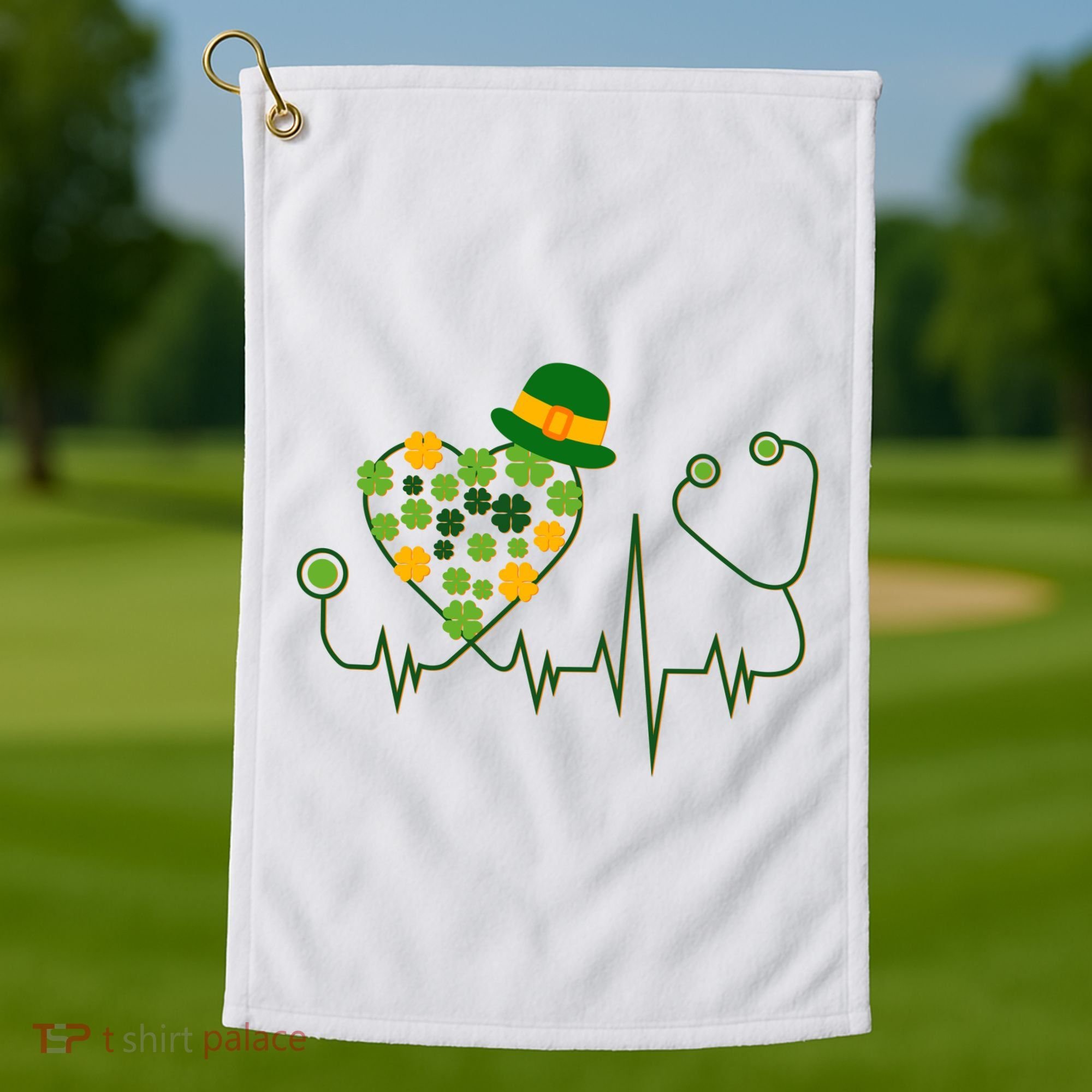 Cute St Patricks Day Lucky Shamrock Clover Stethoscope Golf Towel