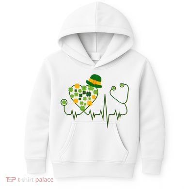 Cute St Patricks Day Lucky Shamrock Clover Stethoscope Kids Hoodie