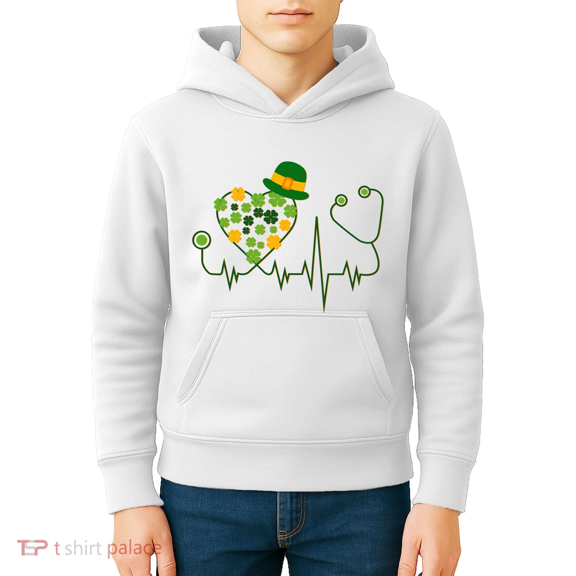 Cute St Patricks Day Lucky Shamrock Clover Stethoscope Kids Hoodie