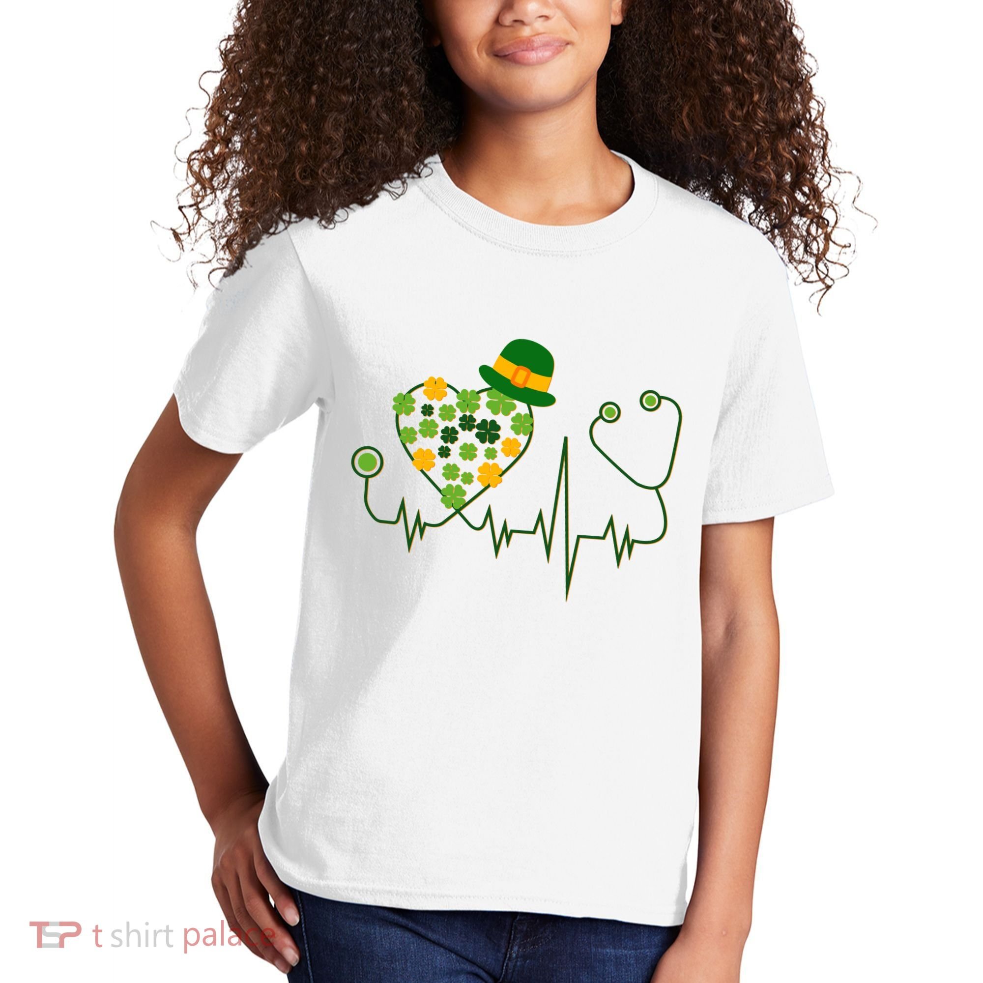 Cute St Patricks Day Lucky Shamrock Clover Stethoscope Kids T-Shirt
