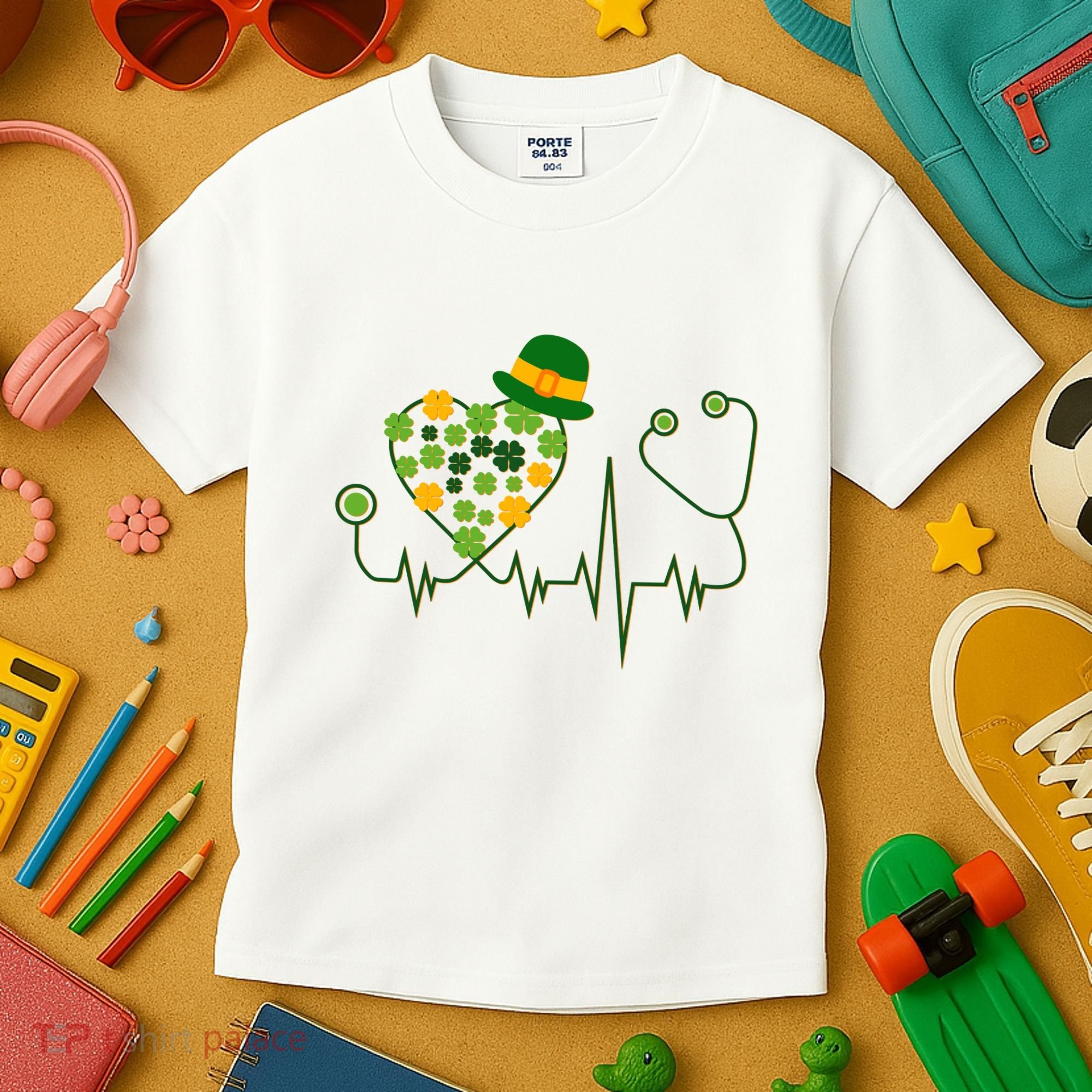 Cute St Patricks Day Lucky Shamrock Clover Stethoscope Kids T-Shirt