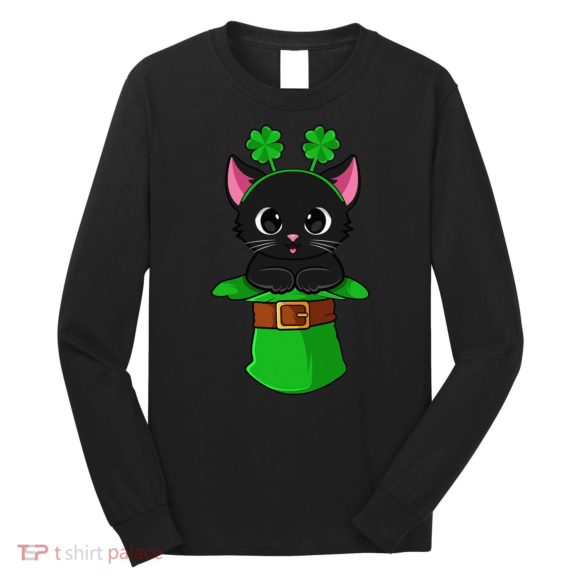 Cat St Patricks Day Leprechaun Shamrock Kitten Long Sleeve Shirt