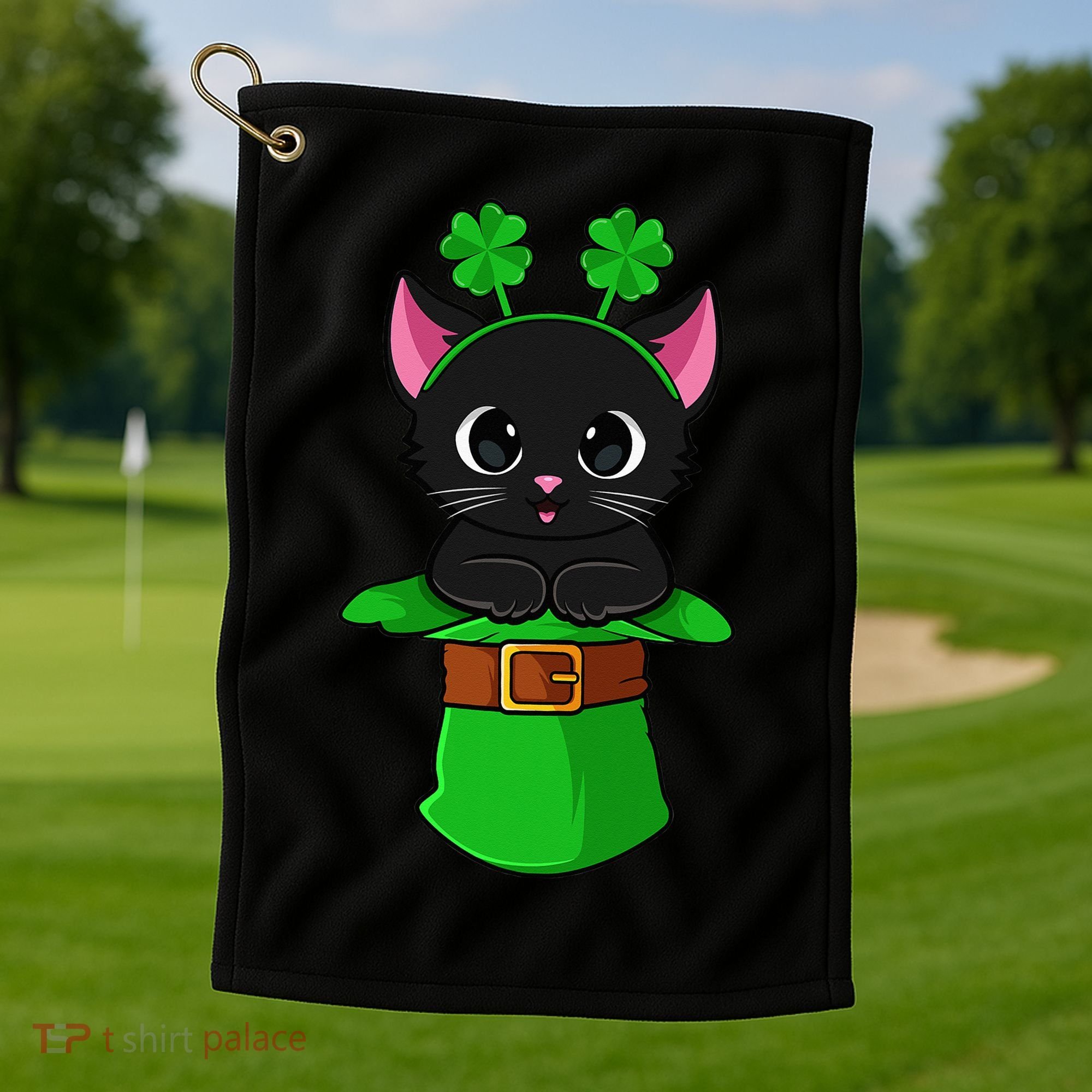 Cat St Patricks Day Leprechaun Shamrock Kitten Golf Towel