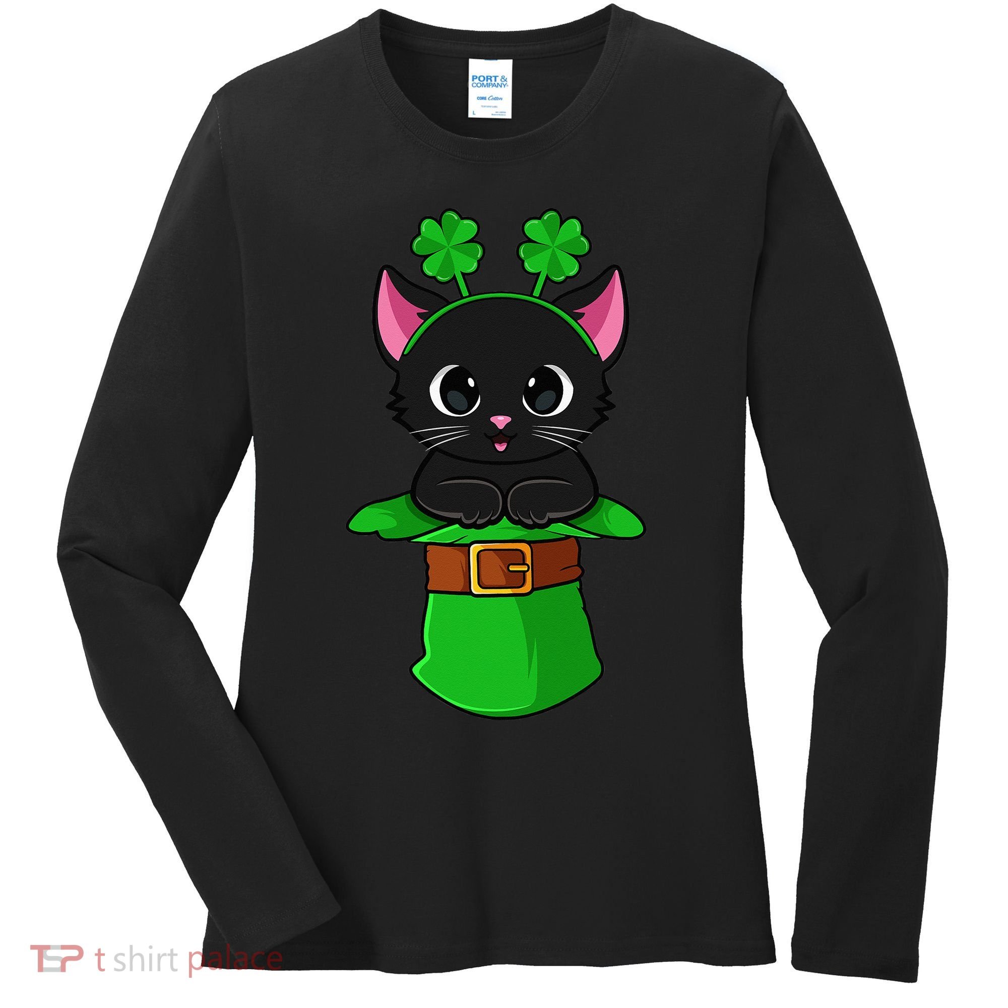 Cat St Patricks Day Leprechaun Shamrock Kitten Women's Long Sleeve Shirt