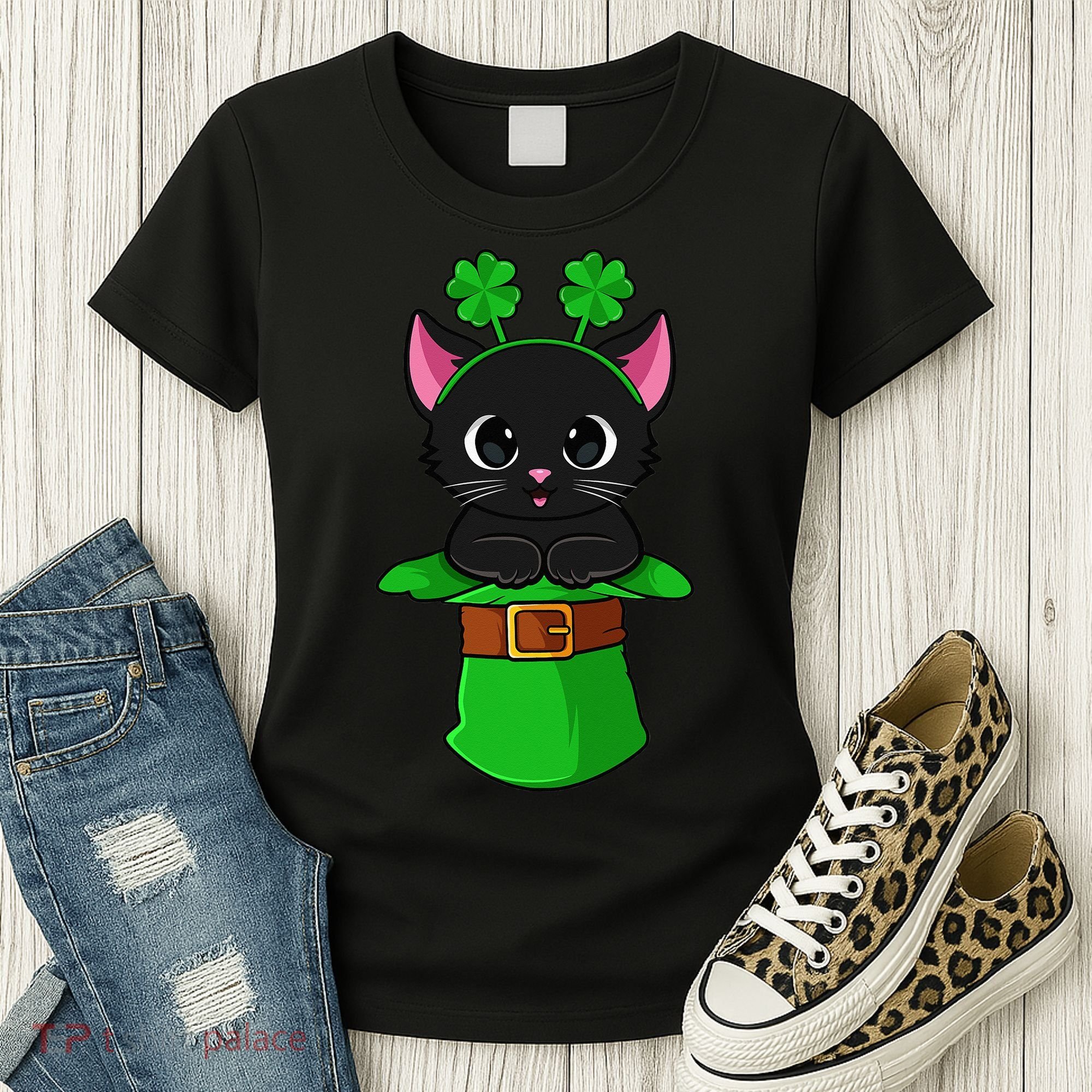 Cat St Patricks Day Leprechaun Shamrock Kitten Women's T-Shirt
