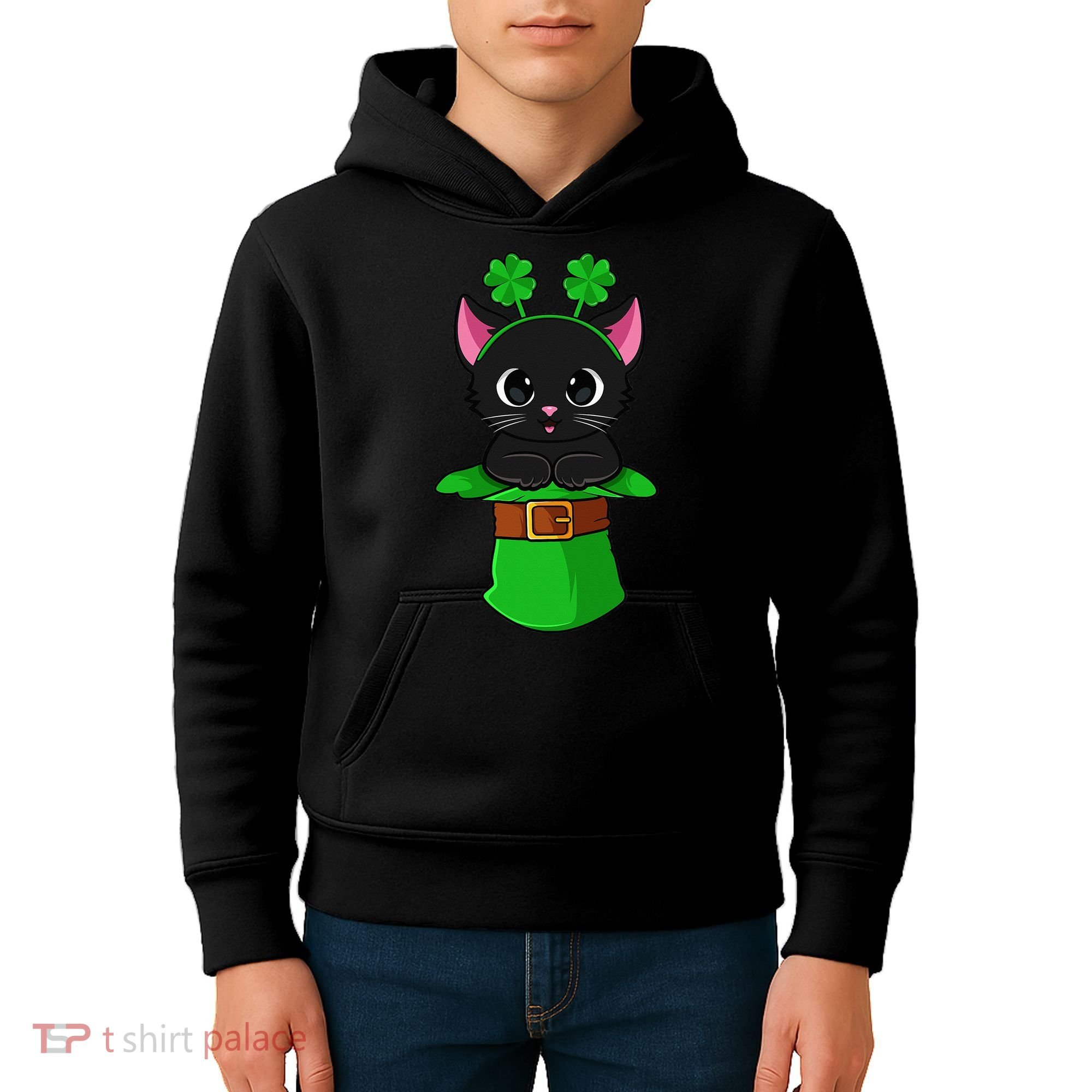 Cat St Patricks Day Leprechaun Shamrock Kitten Kids Hoodie