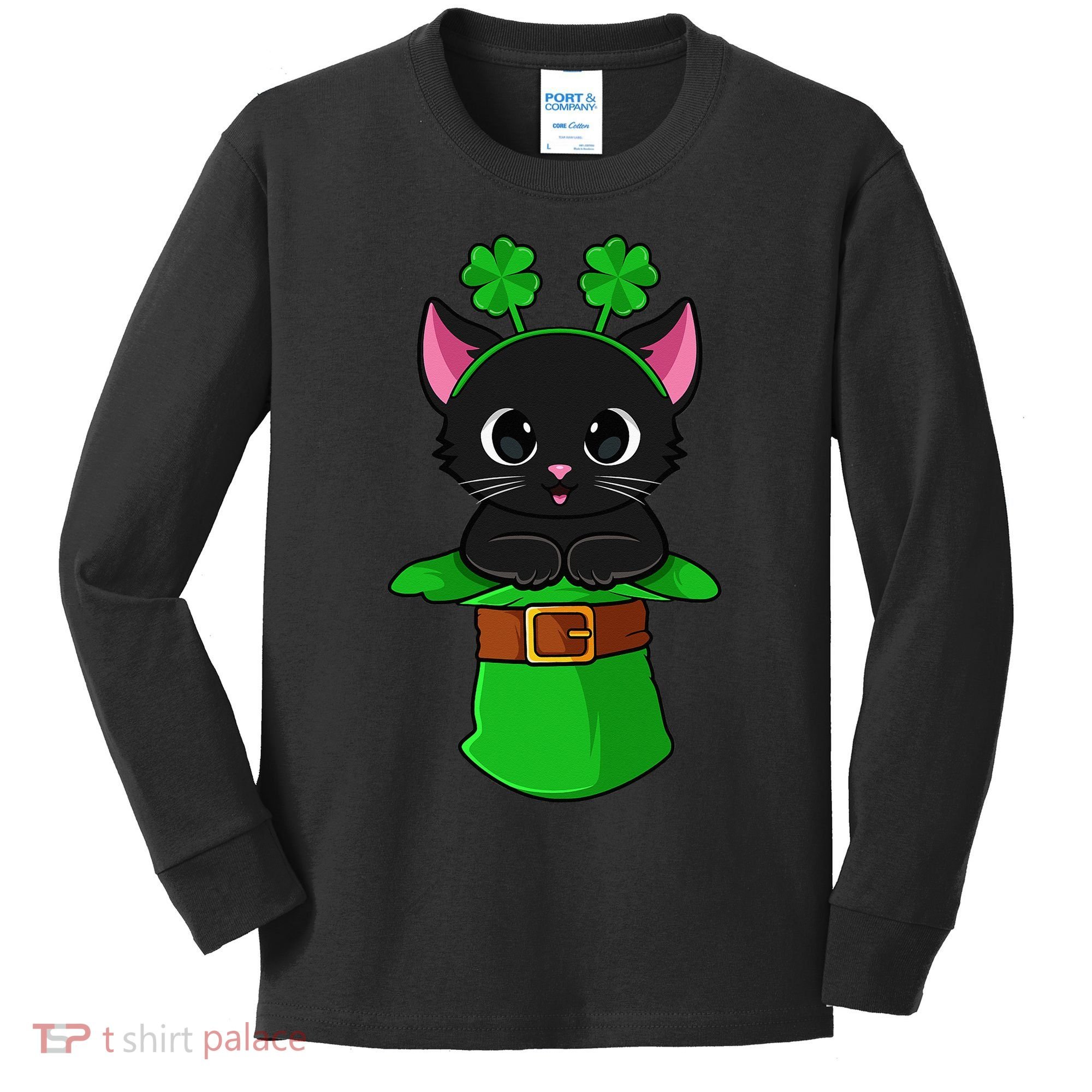 Cat St Patricks Day Leprechaun Shamrock Kitten Kids Long Sleeve Shirt