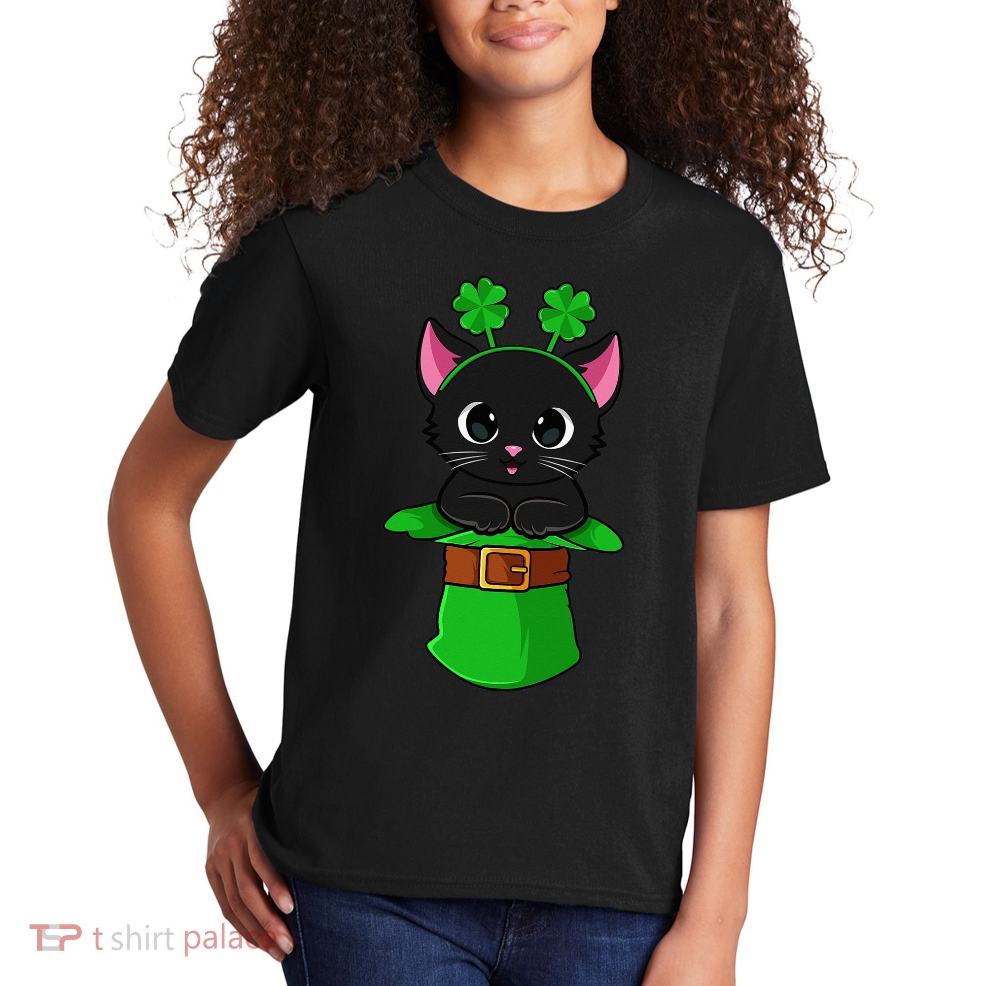 Cat St Patricks Day Leprechaun Shamrock Kitten Kids T-Shirt
