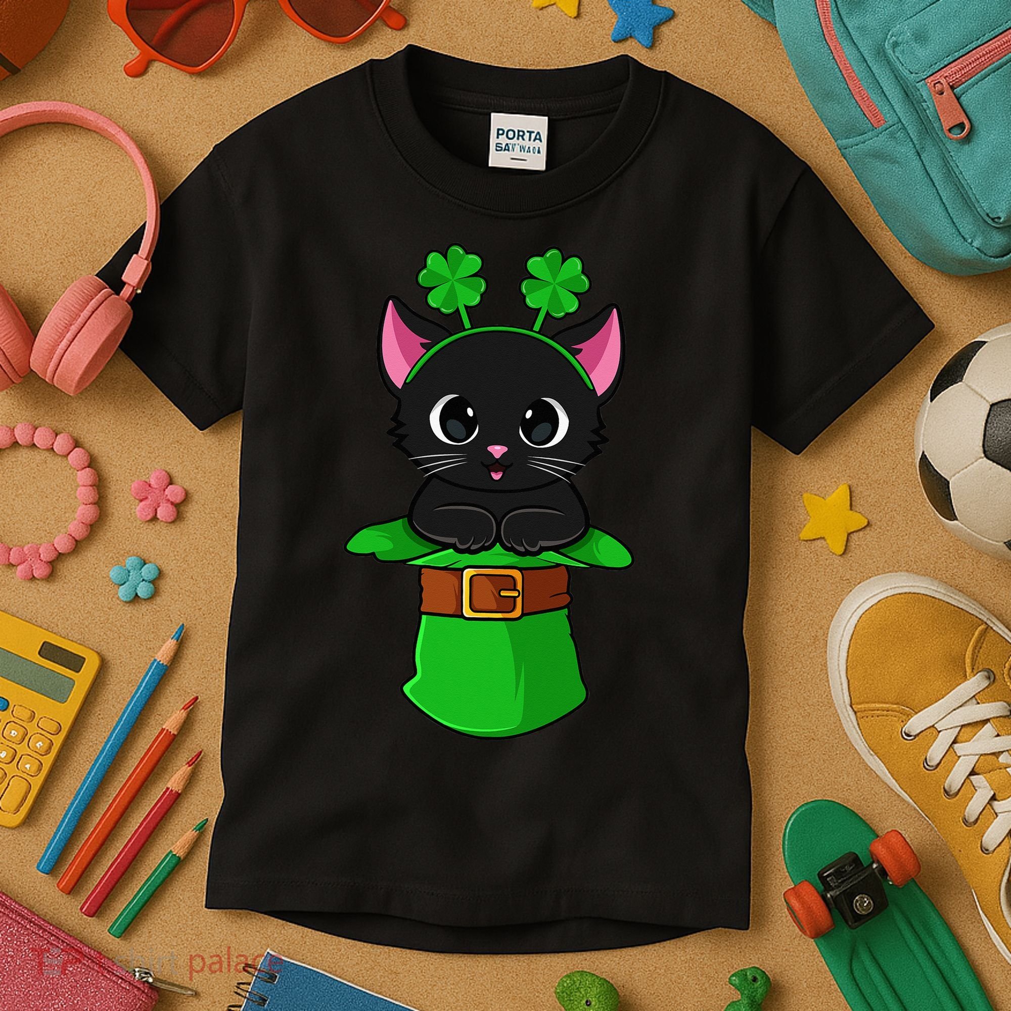 Cat St Patricks Day Leprechaun Shamrock Kitten Kids T-Shirt