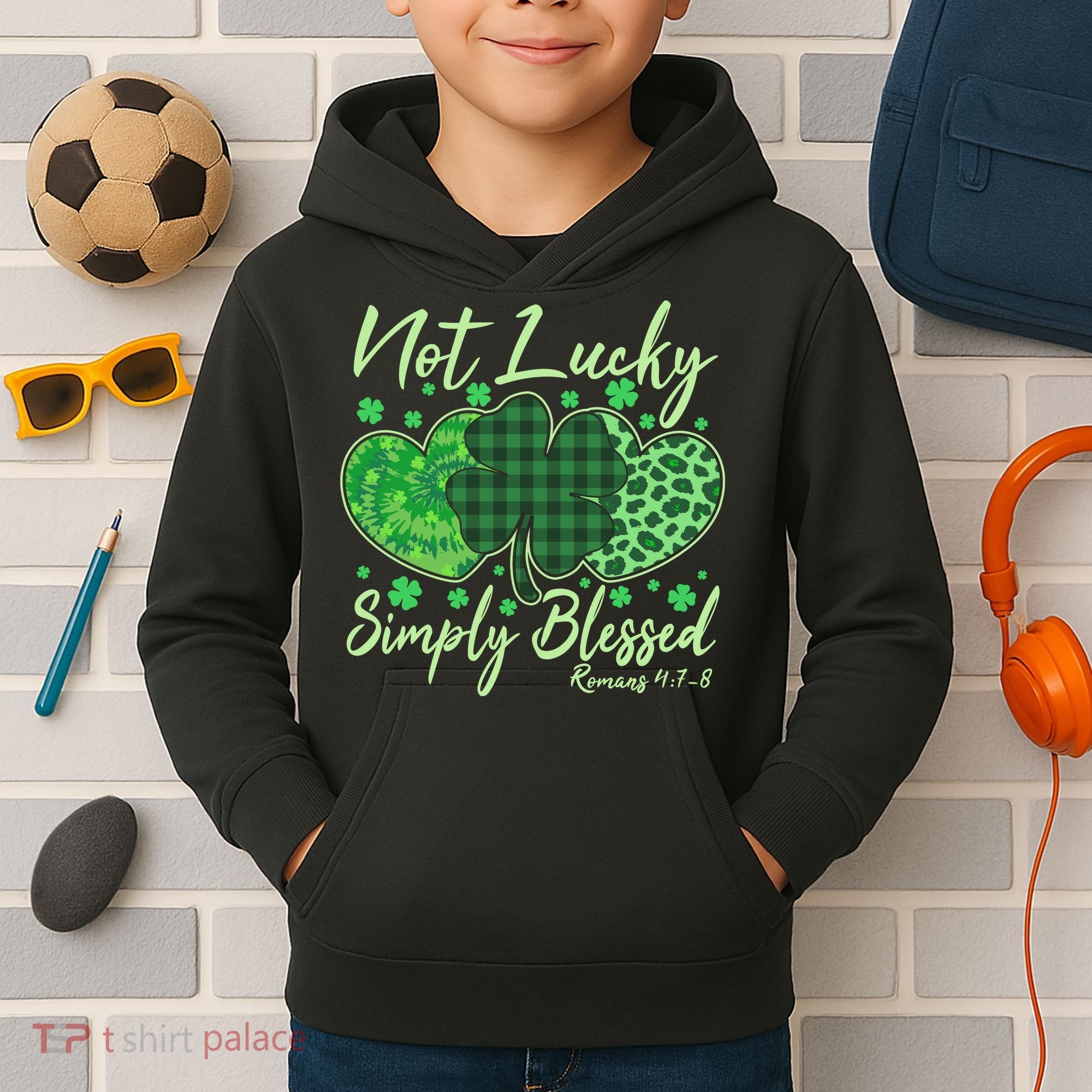 Cute St. Patrick's Day Not Lucky Simply Blessed Romans 4: 78 Kids Hoodie