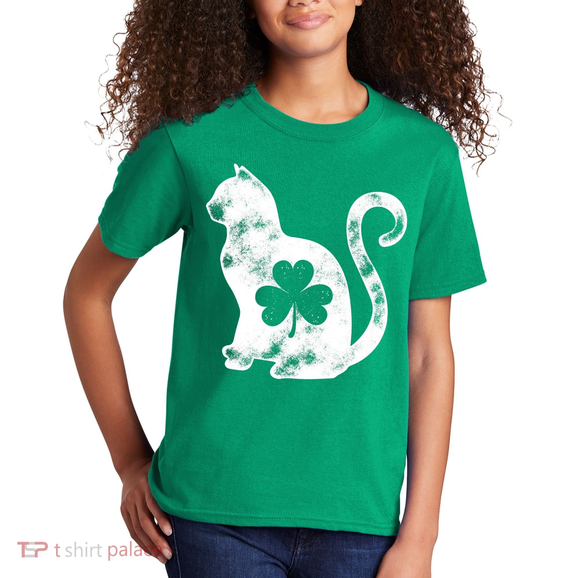 Cat St Patricks Cattys Catricks Day Girl Women Shamrock Kids T-Shirt