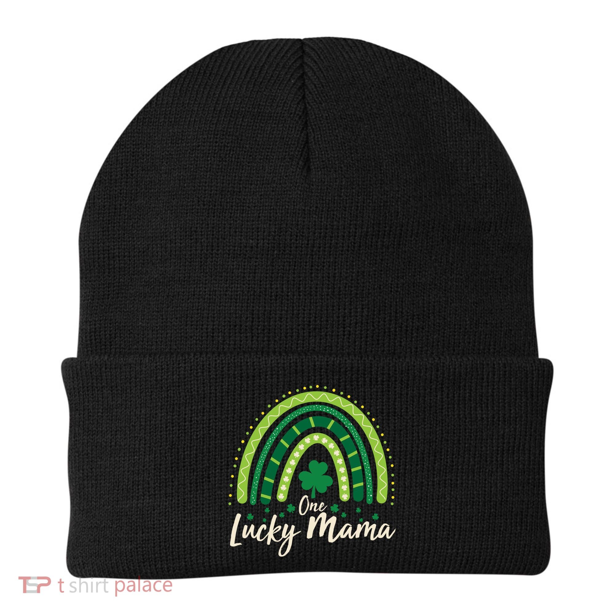 Cute St Patricks Day One Lucky Mama Green Shamrock Clover Rainbow Beanie