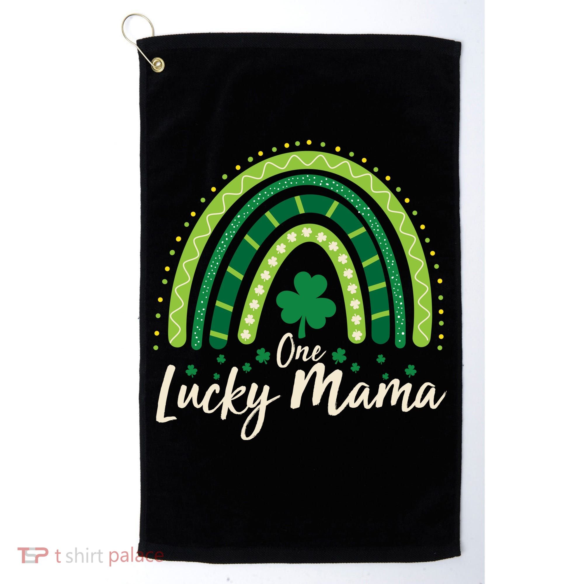 Cute St Patricks Day One Lucky Mama Green Shamrock Clover Rainbow Golf Towel