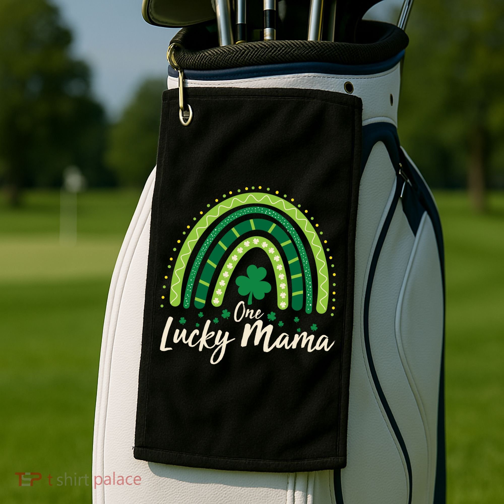 Cute St Patricks Day One Lucky Mama Green Shamrock Clover Rainbow Golf Towel