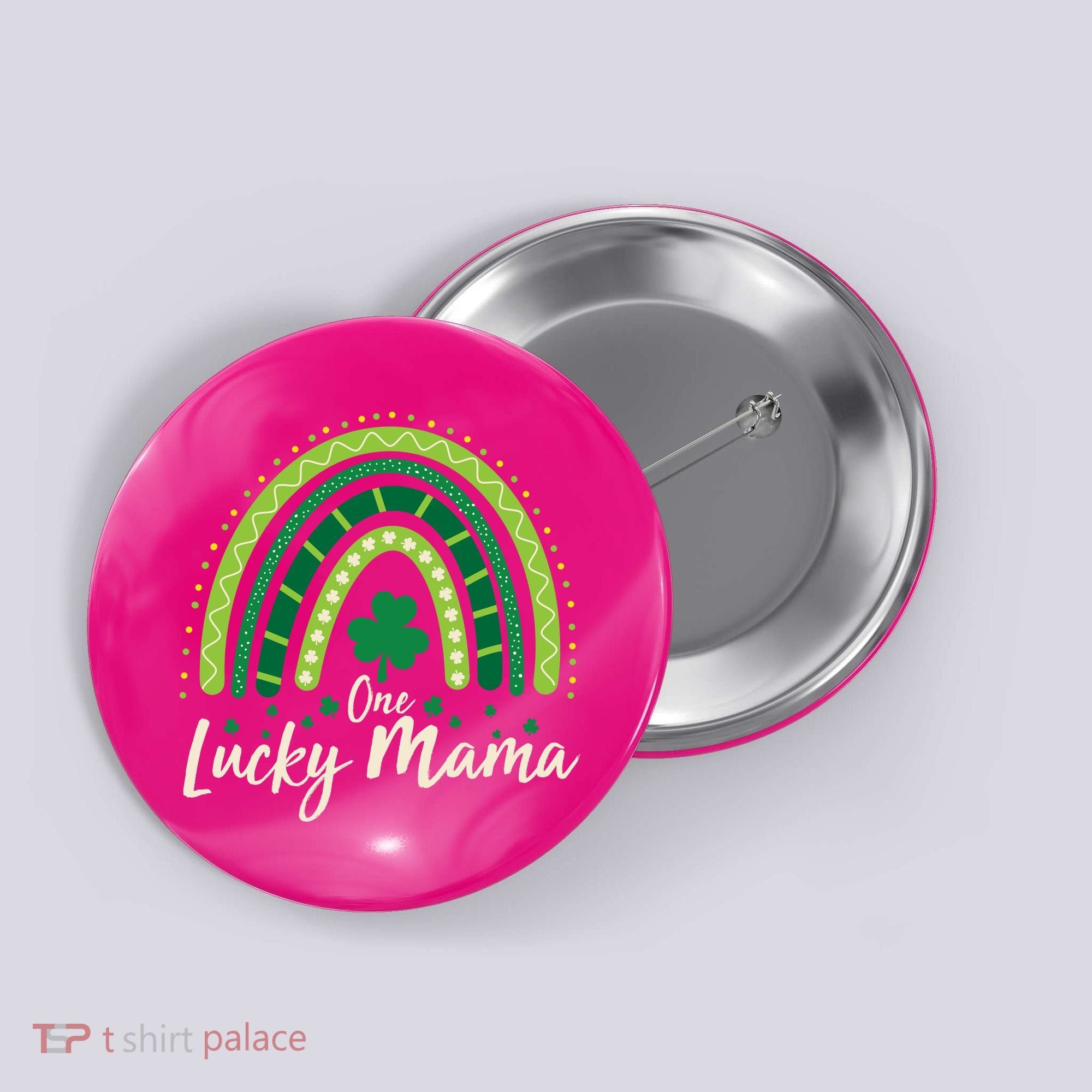 Cute St Patricks Day One Lucky Mama Green Shamrock Clover Rainbow Button