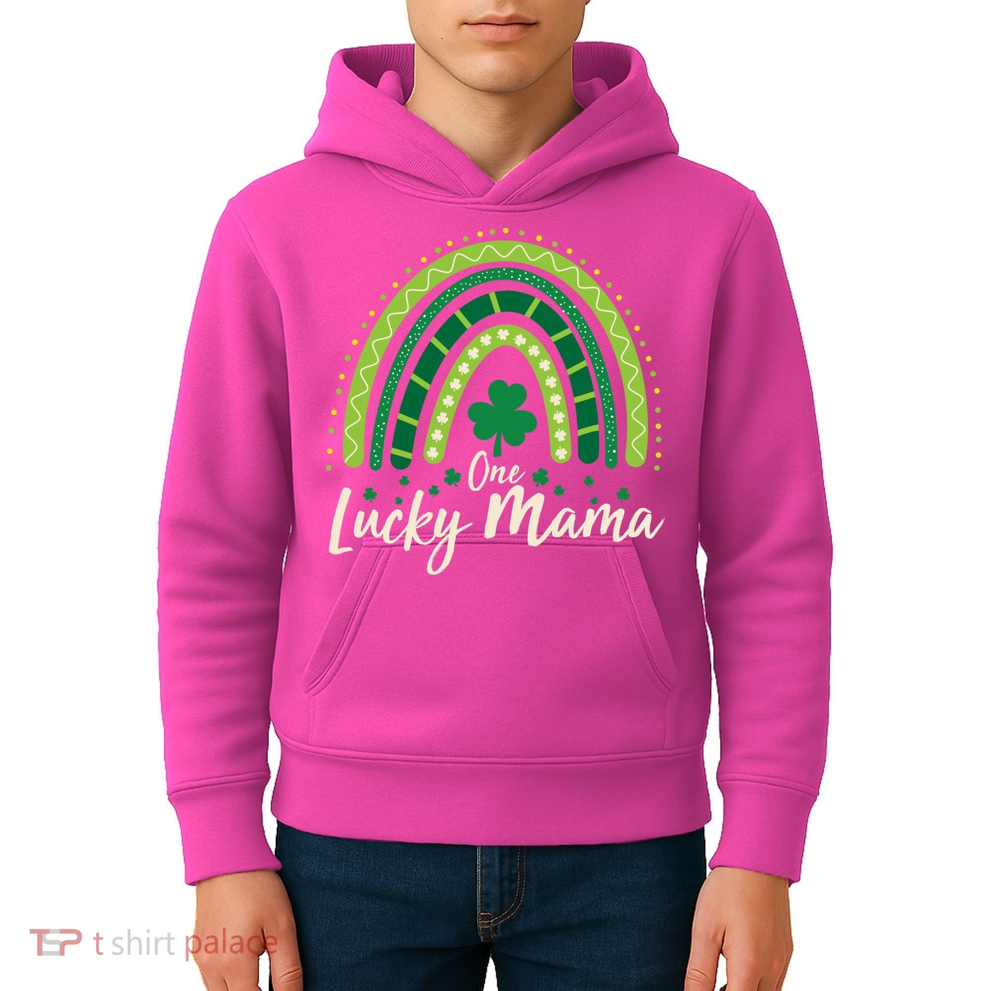Cute St Patricks Day One Lucky Mama Green Shamrock Clover Rainbow Kids Hoodie