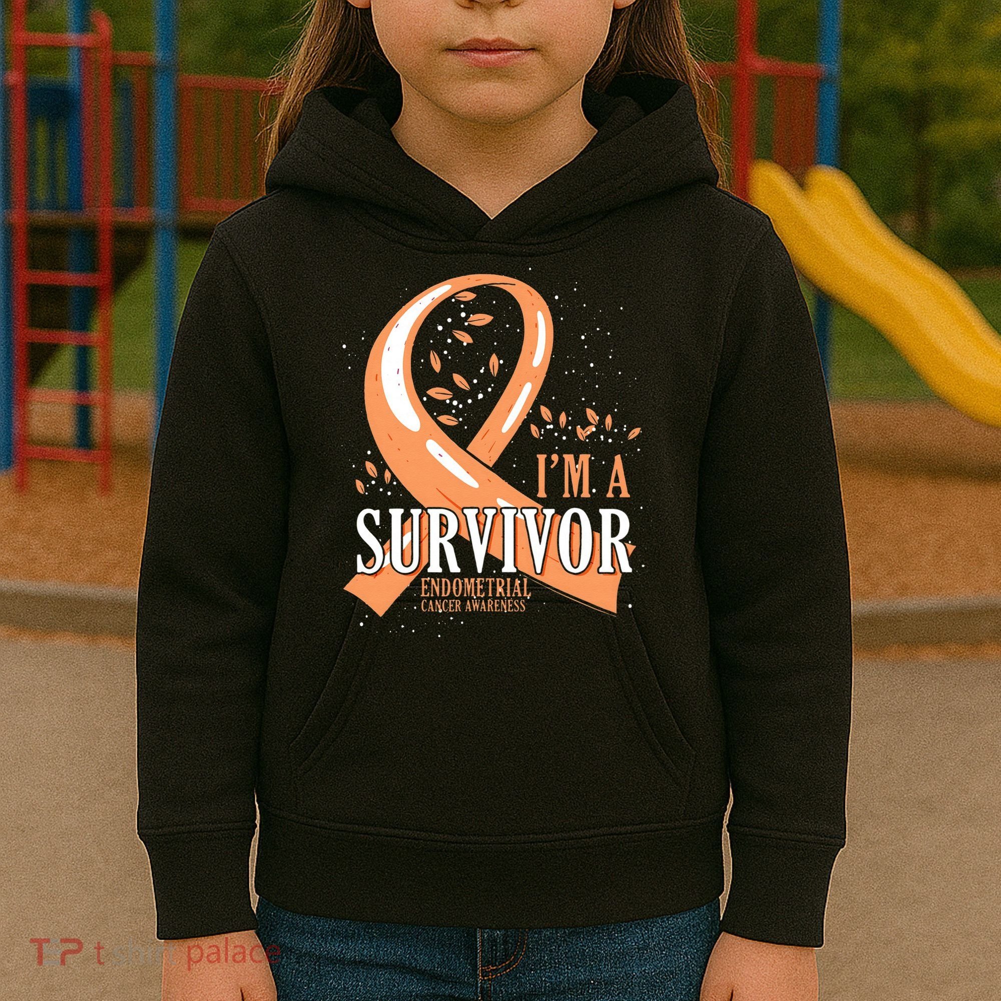 Cancer Survivor Peach Ribbon Endometrial Cancer Awareness Kids Hoodie