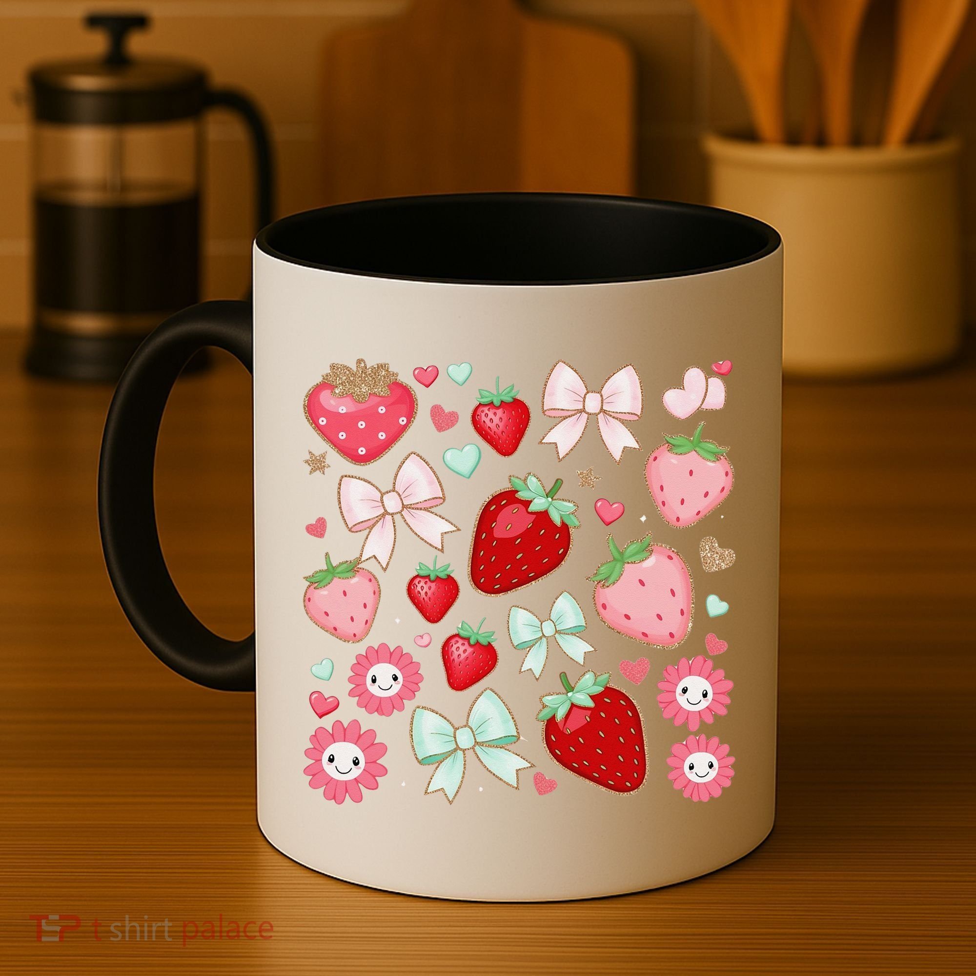 Cute Strawberry Preppy Bow Heart Kawaii Boho Coquette Coffee Mug