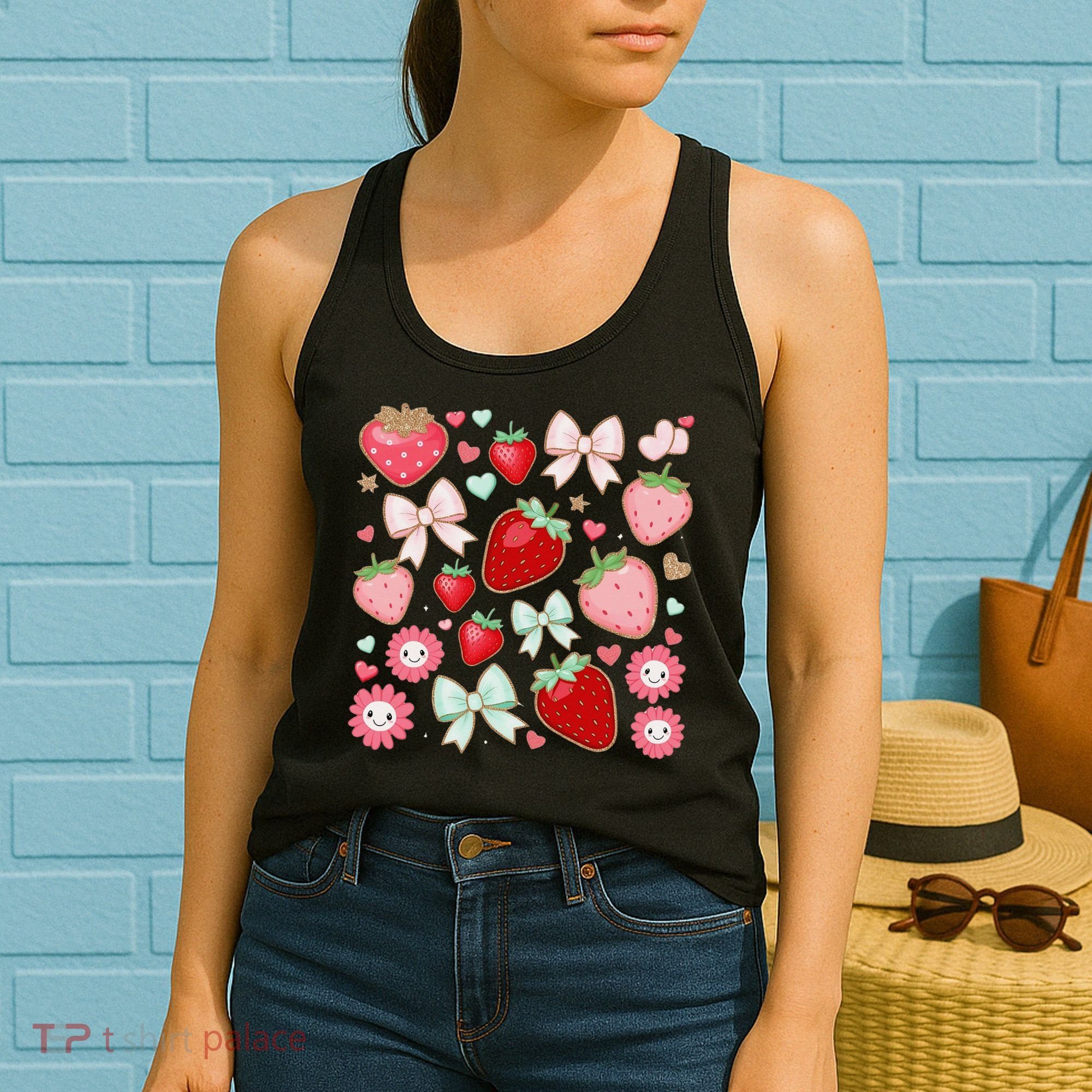 Cute Strawberry Preppy Bow Heart Kawaii Boho Coquette Women's Tank Top