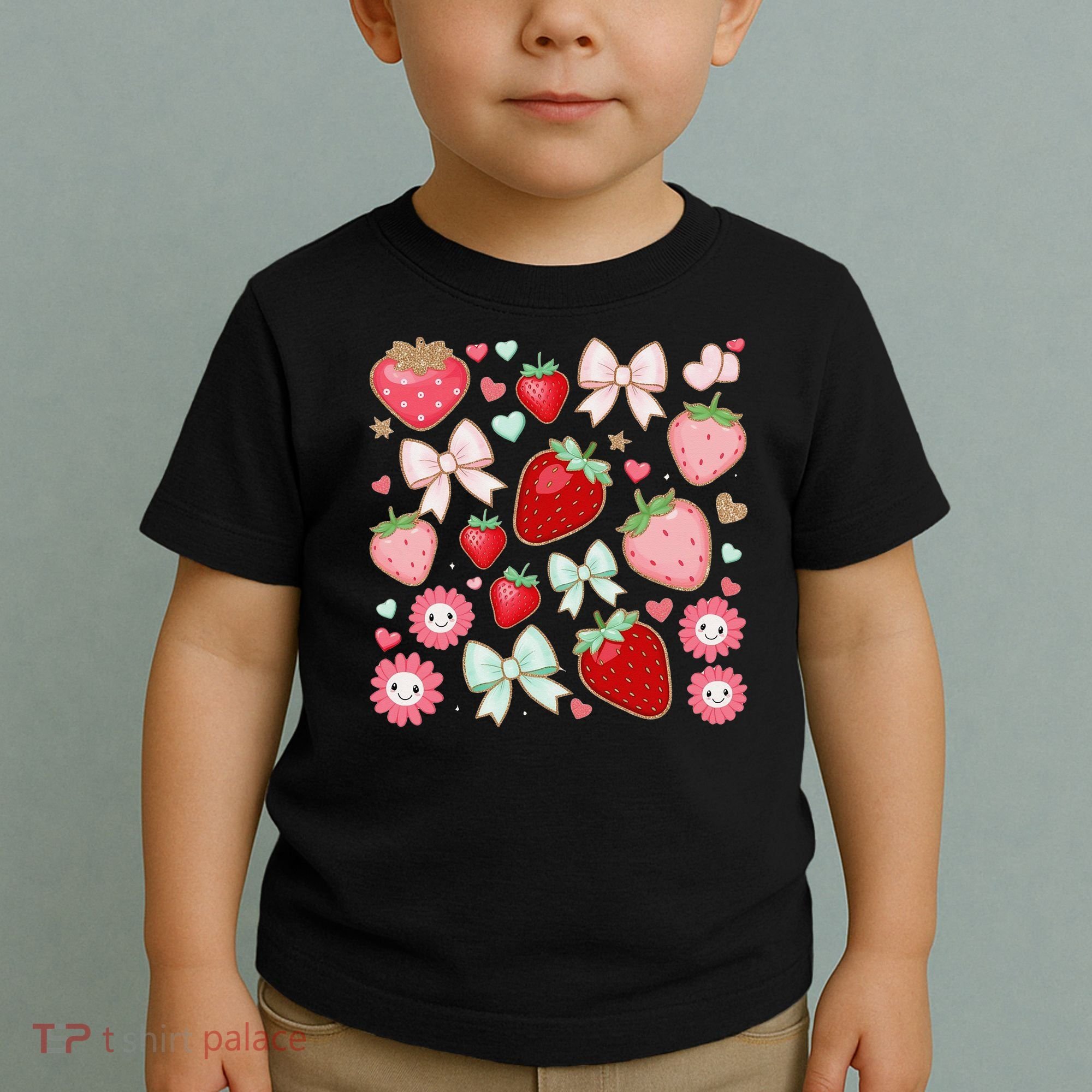 Cute Strawberry Preppy Bow Heart Kawaii Boho Coquette Toddler T-Shirt