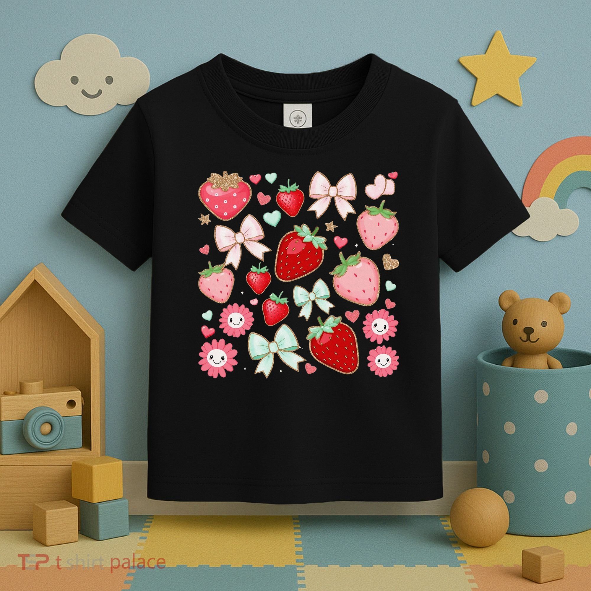 Cute Strawberry Preppy Bow Heart Kawaii Boho Coquette Toddler T-Shirt