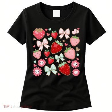 Cute Strawberry Preppy Bow Heart Kawaii Boho Coquette Women's T-Shirt