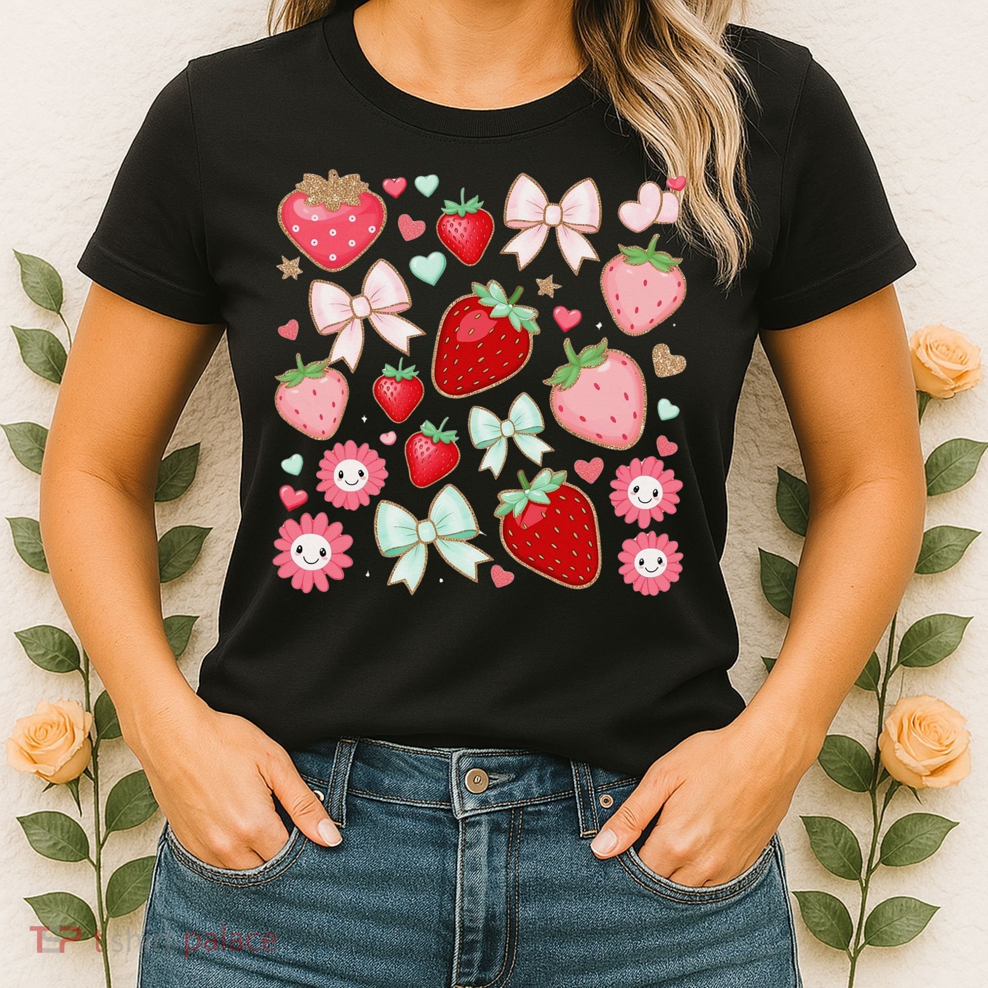 Cute Strawberry Preppy Bow Heart Kawaii Boho Coquette Women's T-Shirt