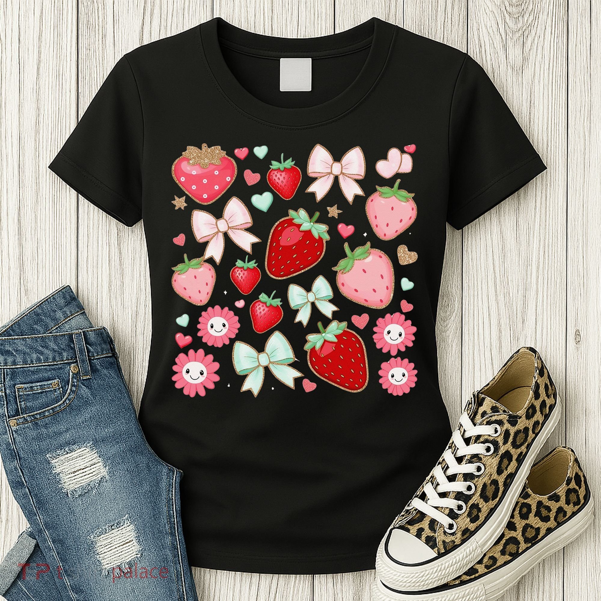 Cute Strawberry Preppy Bow Heart Kawaii Boho Coquette Women's T-Shirt