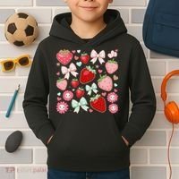 Cute Strawberry Preppy Bow Heart Kawaii Boho Coquette Kids Hoodie thumb 2