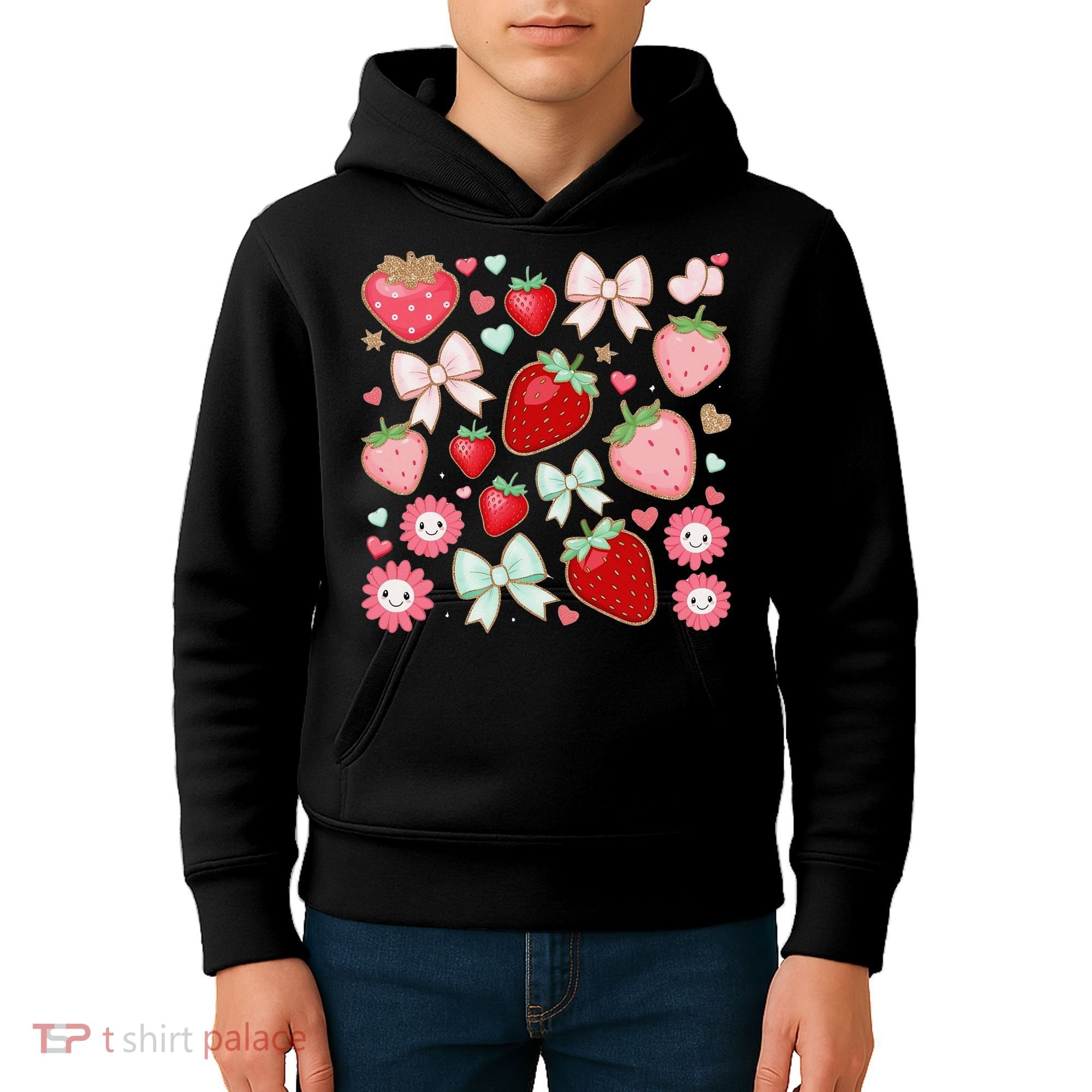 Cute Strawberry Preppy Bow Heart Kawaii Boho Coquette Kids Hoodie