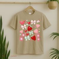Cute Strawberry Preppy Bow Heart Kawaii Boho Coquette T-Shirt thumb 2