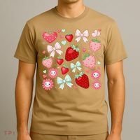 Cute Strawberry Preppy Bow Heart Kawaii Boho Coquette T-Shirt thumb 3