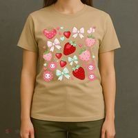 Cute Strawberry Preppy Bow Heart Kawaii Boho Coquette T-Shirt thumb 4
