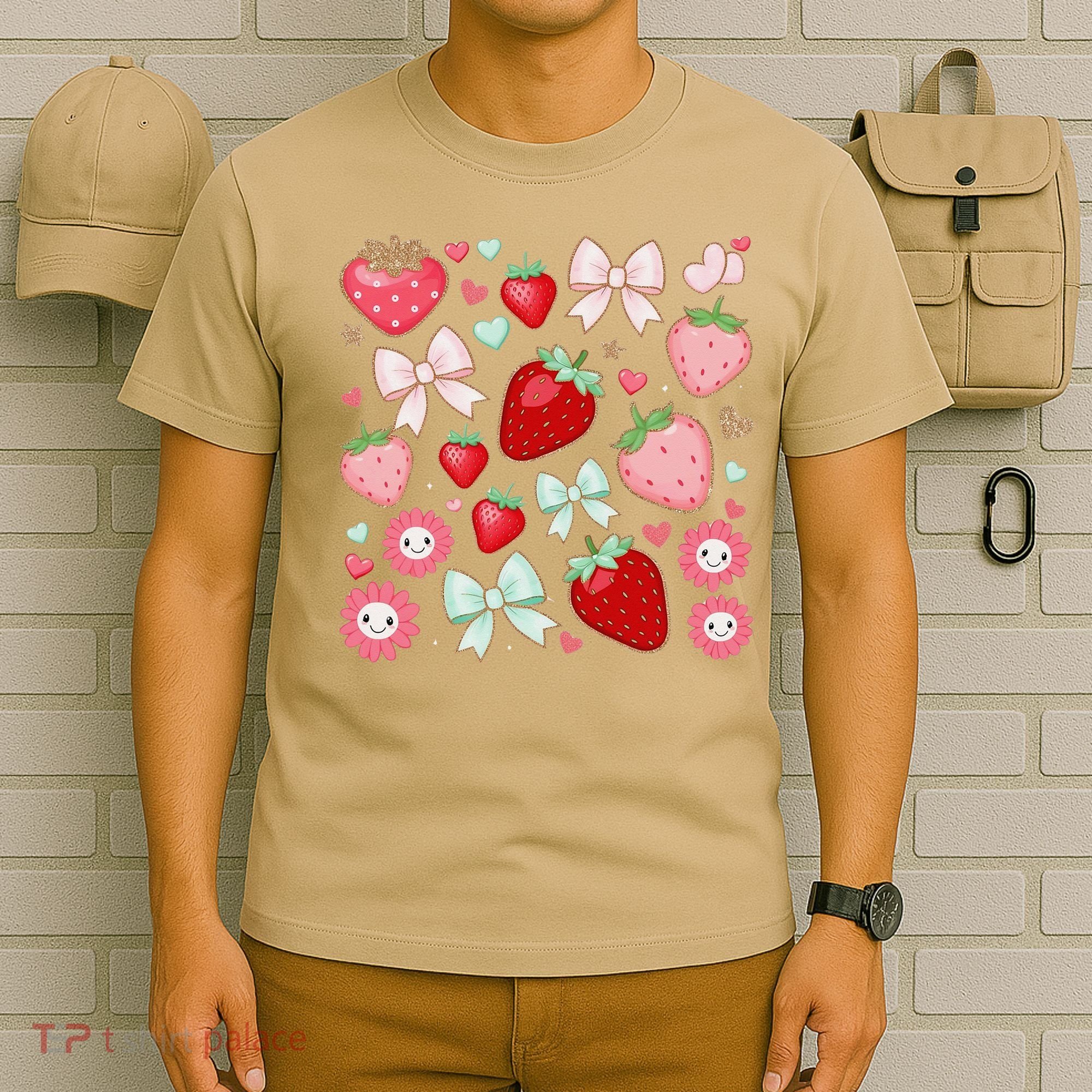 Cute Strawberry Preppy Bow Heart Kawaii Boho Coquette T-Shirt